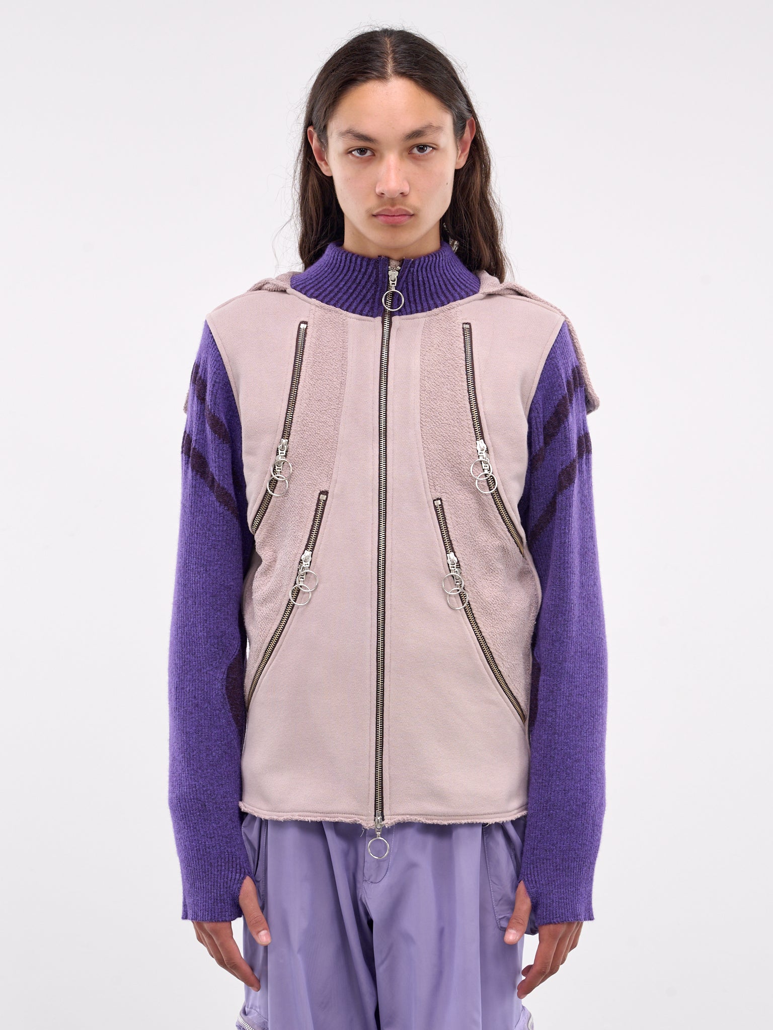 Hybrid Jersey & Mohair Zip Hoodie (HYBHOOD-GREY-BODY-PURPLE-KNIT)