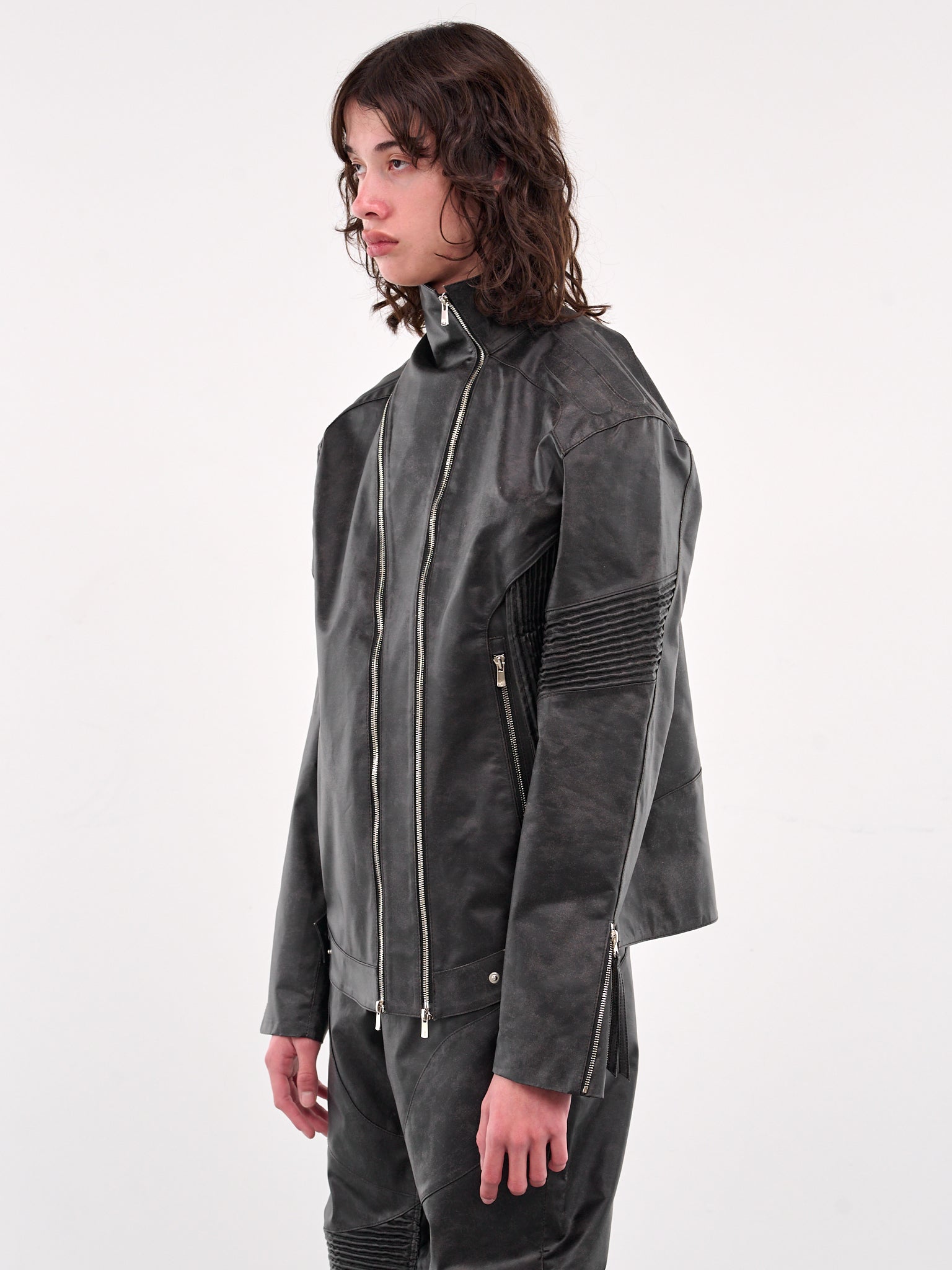 Asymmetrical Embossing Leather Jacket (J10-BLACK)