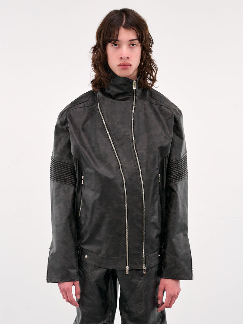 Asymmetrical Embossing Leather Jacket (J10-BLACK)