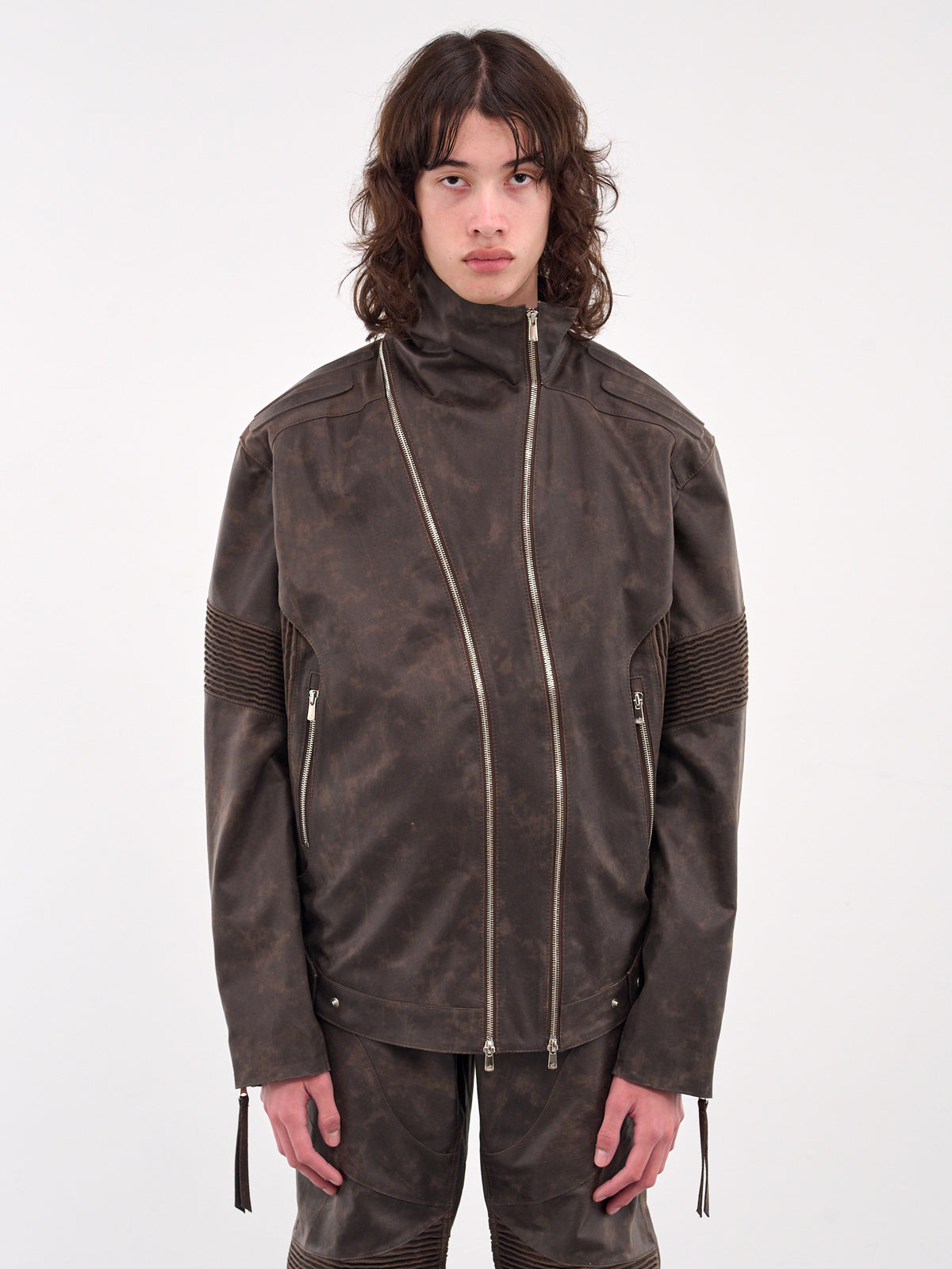 Asymmetrical Embossing Leather Jacket (J11-BROWN)