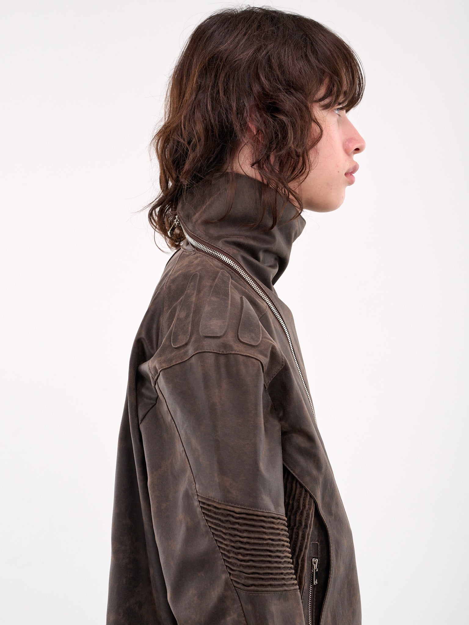 Asymmetrical Embossing Leather Jacket (J11-BROWN)