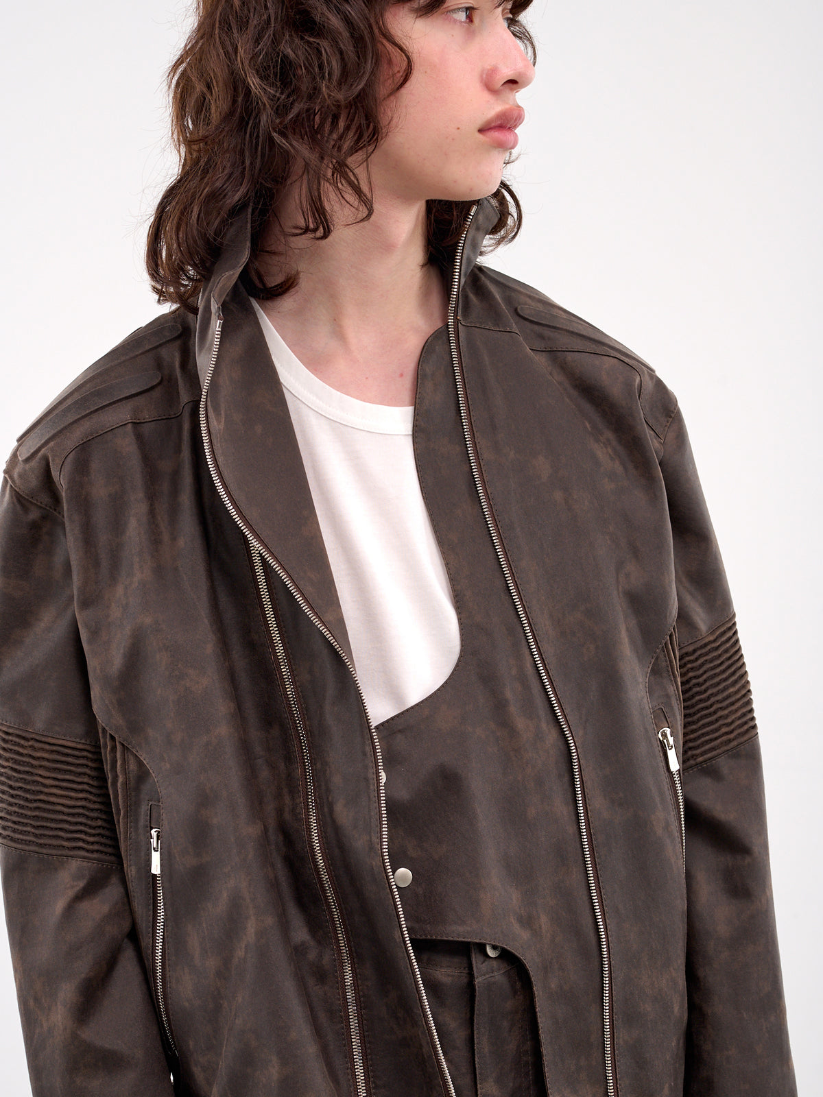 Asymmetrical Embossing Leather Jacket (J11-BROWN)