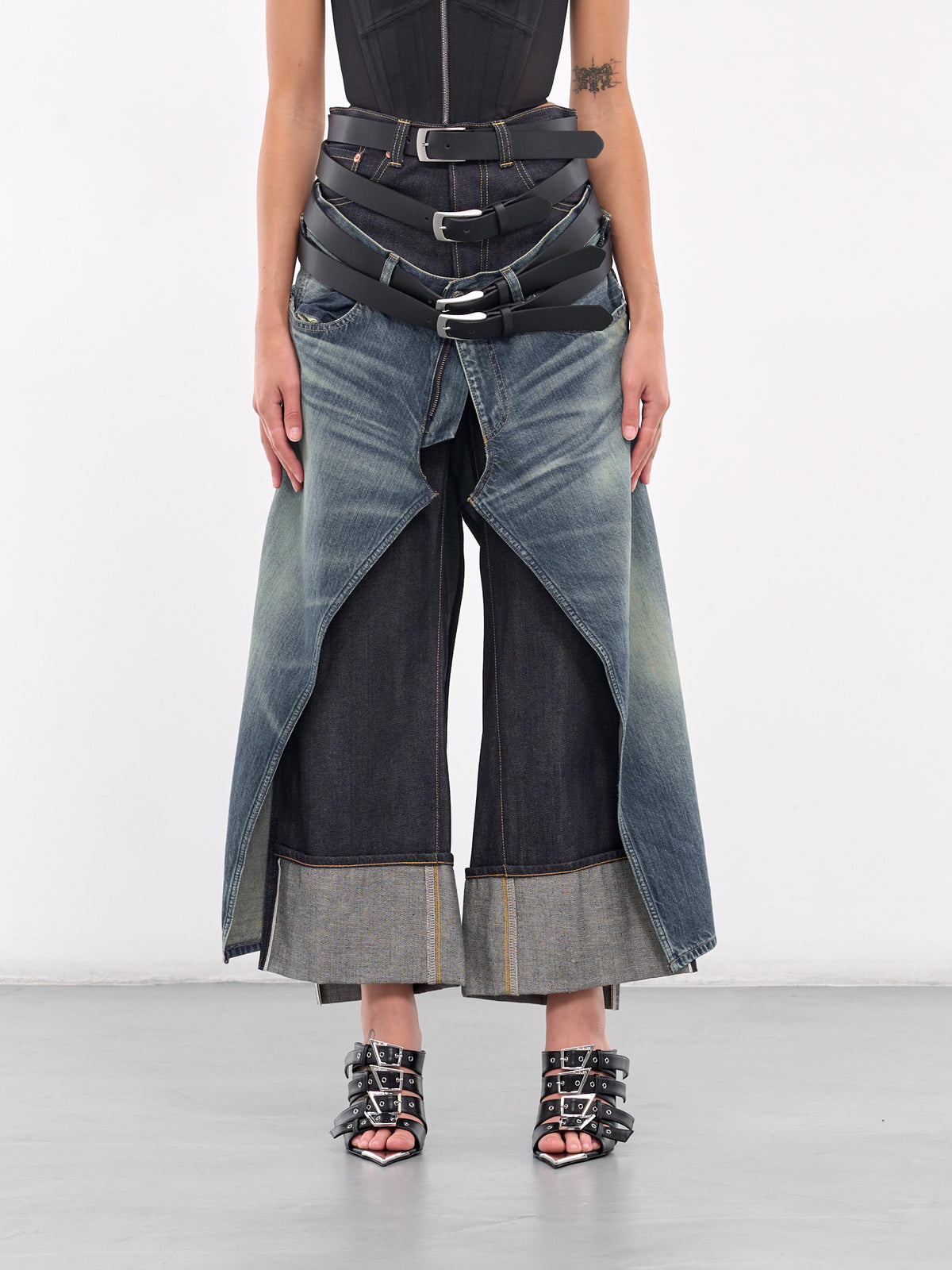 Layered Denim Jeans (JN-P101-100-INDIGO-BLACK)