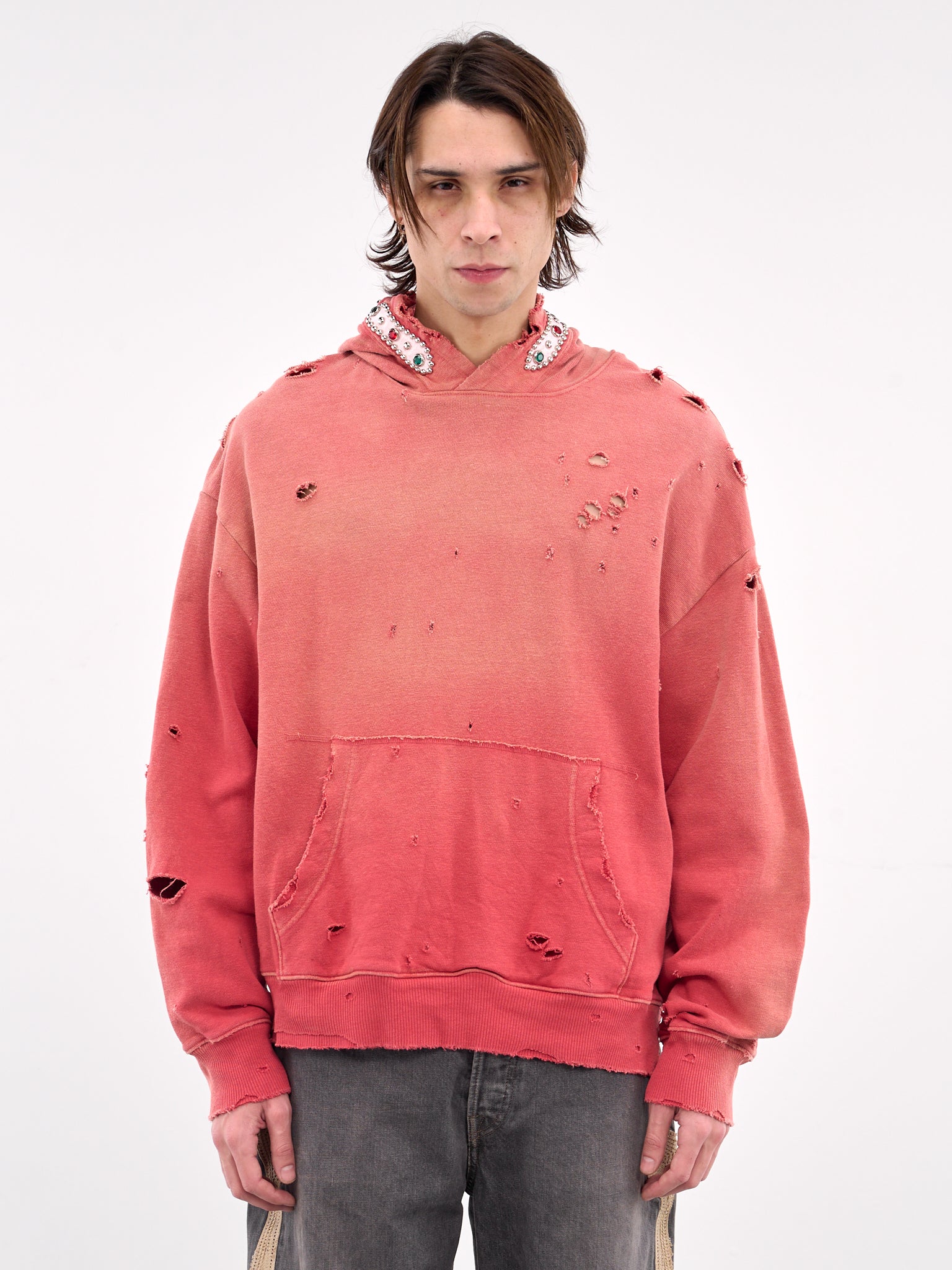 Studs Thriller Distressed Hoodie (K2411LC136-RED)