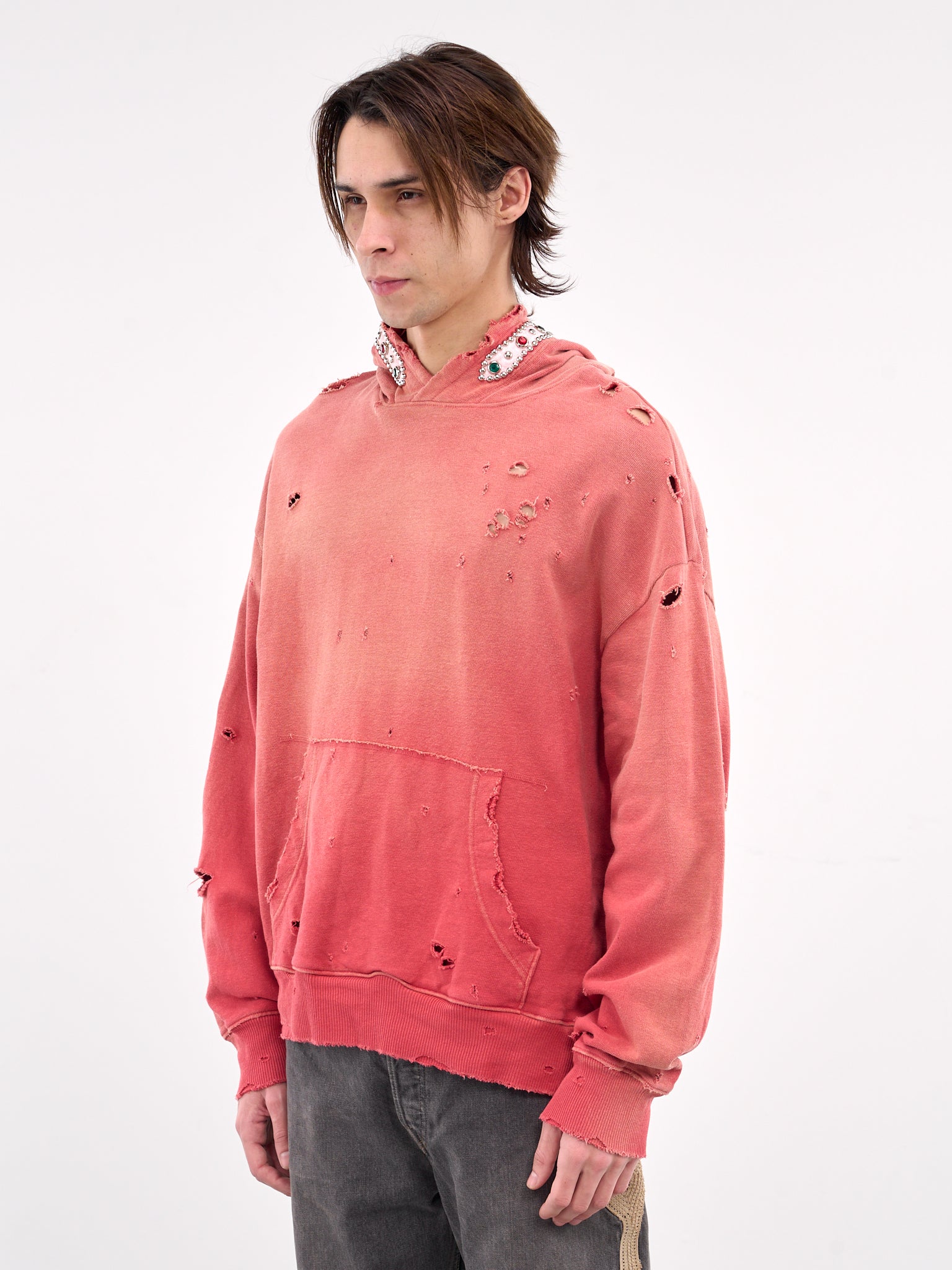 Studs Thriller Distressed Hoodie (K2411LC136-RED)