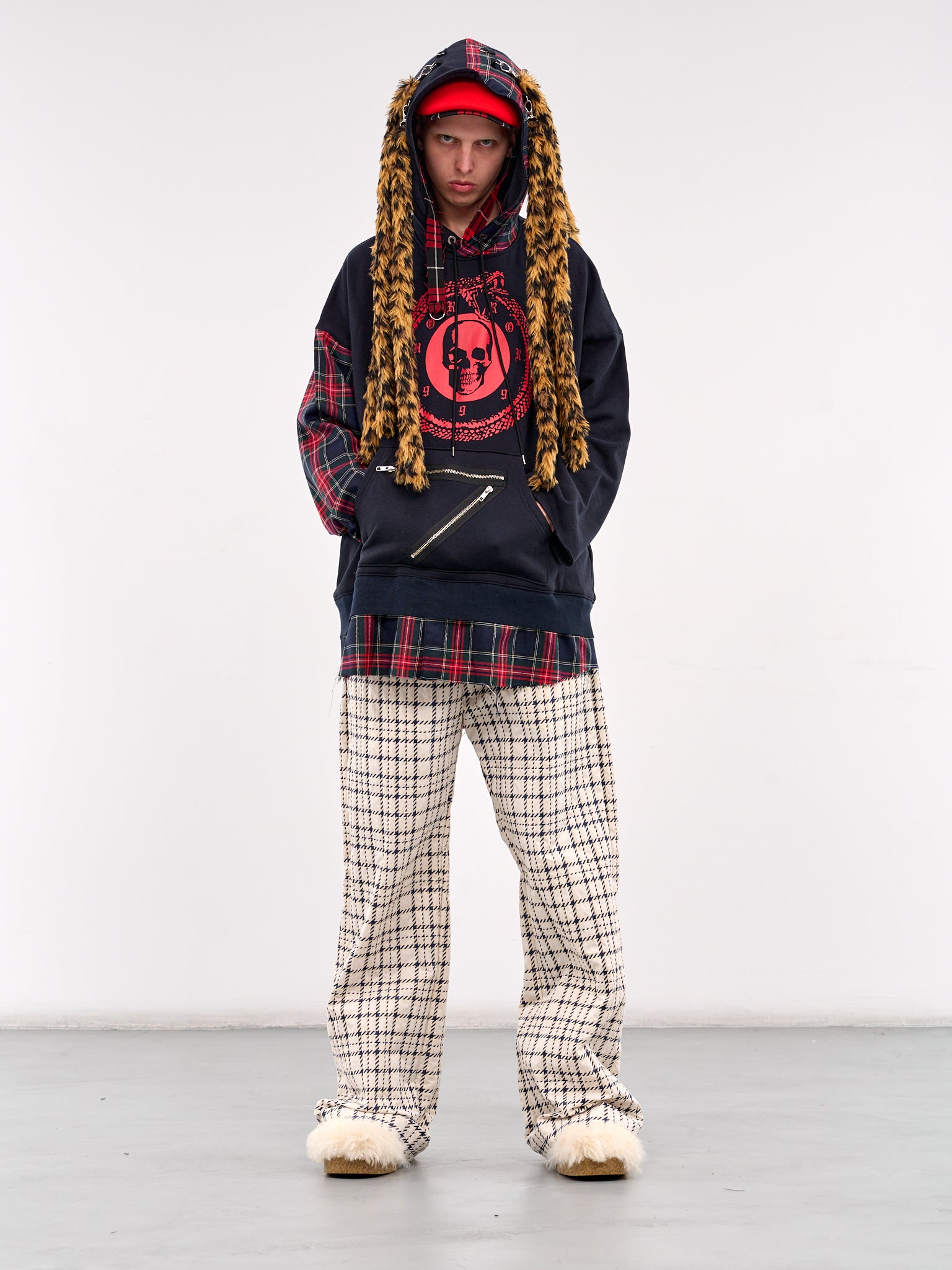 Plaid Paneled Leopard Hood Sweatshirt (KL926-NAVY)