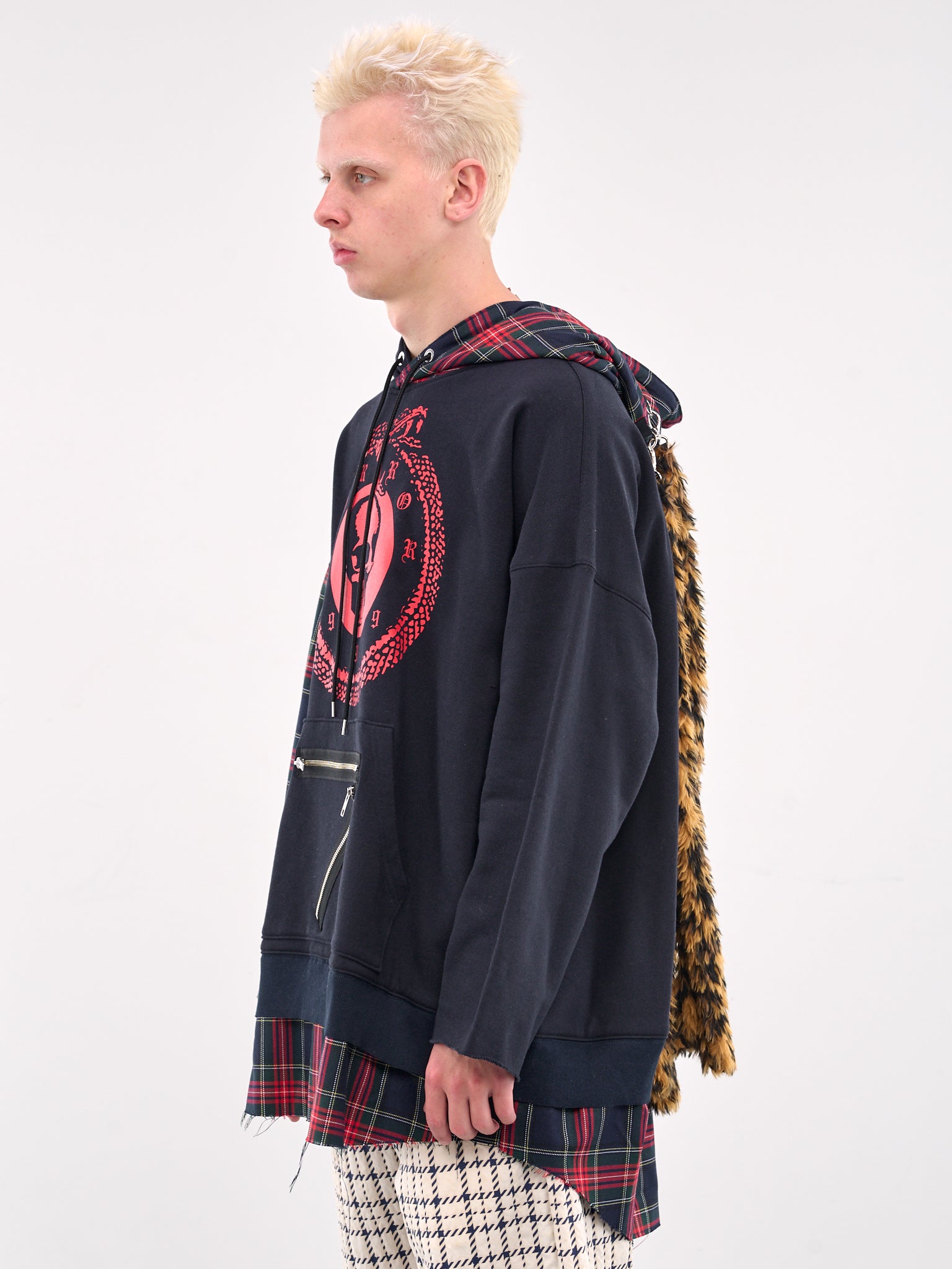 Plaid Paneled Leopard Hood Sweatshirt (KL926-NAVY)