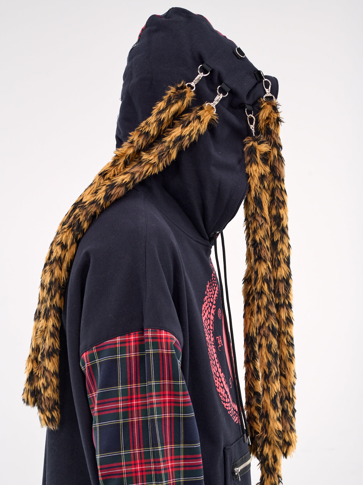 Plaid Paneled Leopard Hood Sweatshirt (KL926-NAVY)