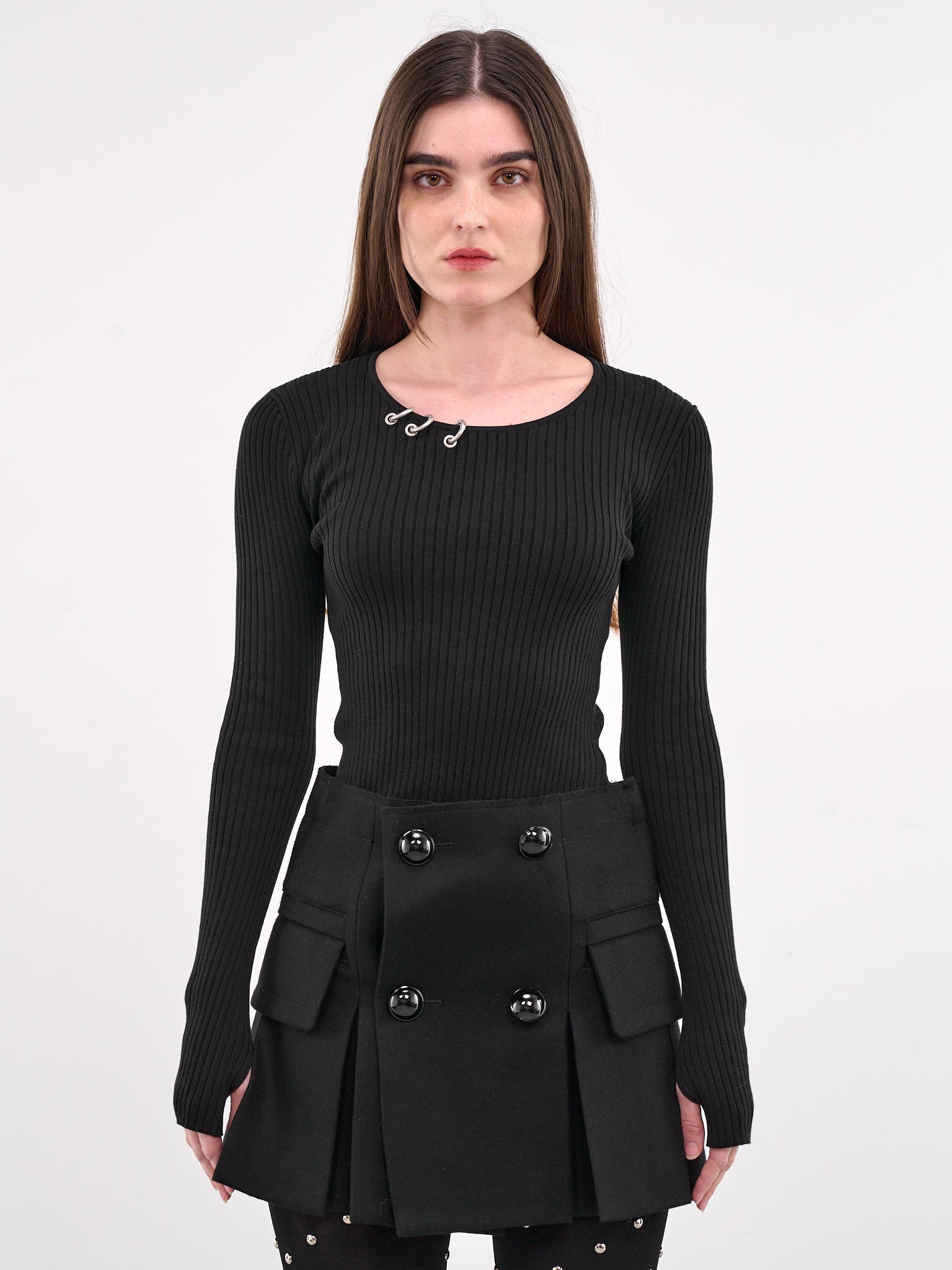 Pierced Knit Long Sleeve Top (KT0-25-688-W-BLACK)