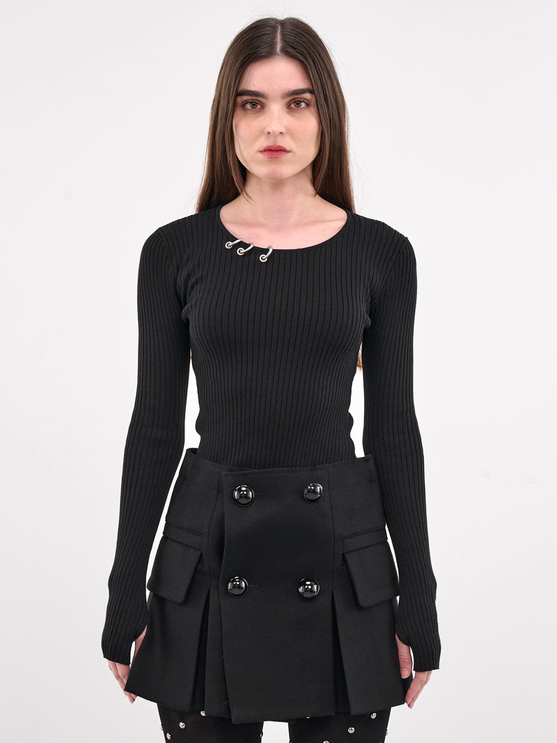 Pierced Knit Long Sleeve Top (KT0-25-688-W-BLACK)