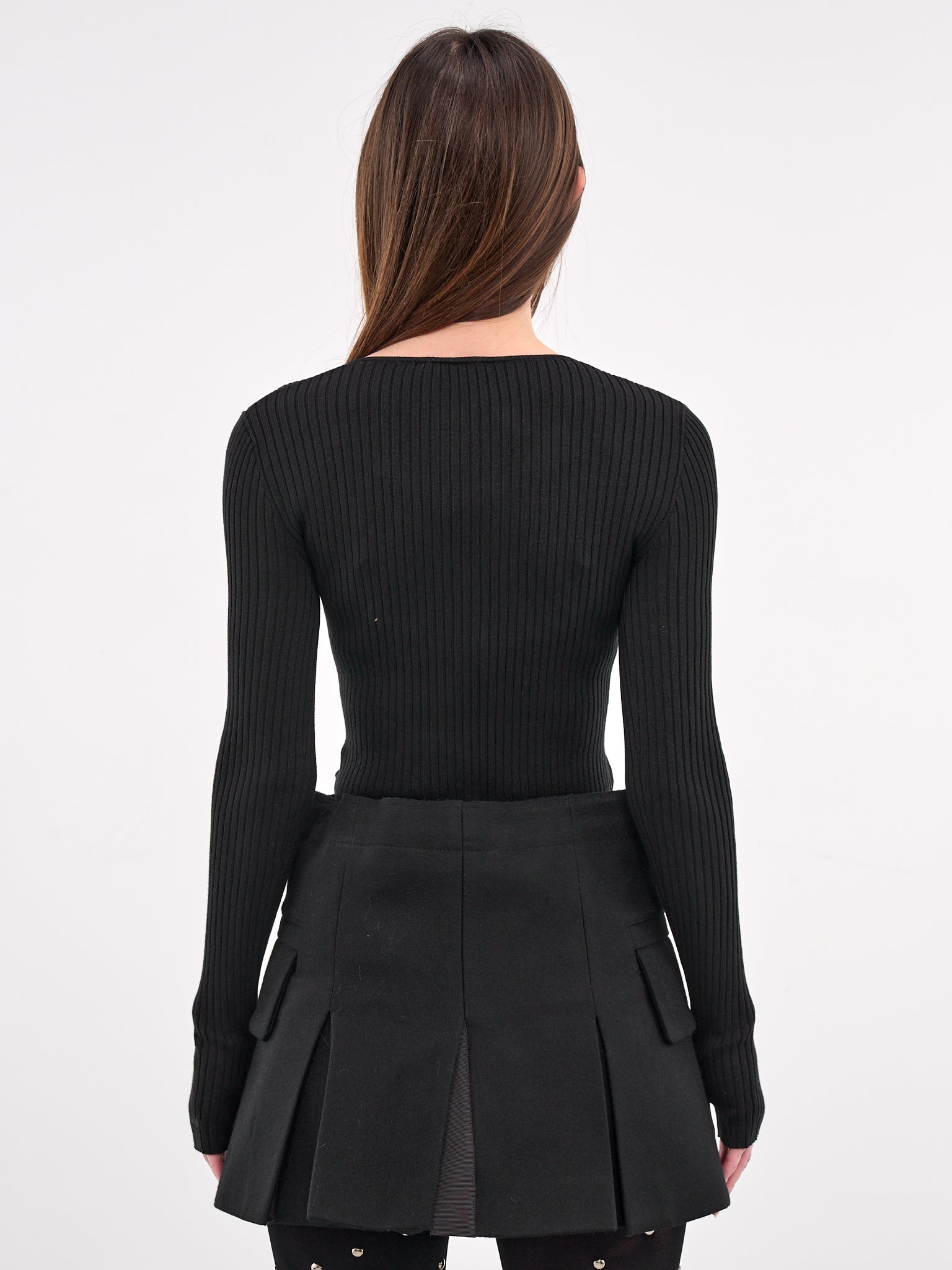 Pierced Knit Long Sleeve Top (KT0-25-688-W-BLACK)