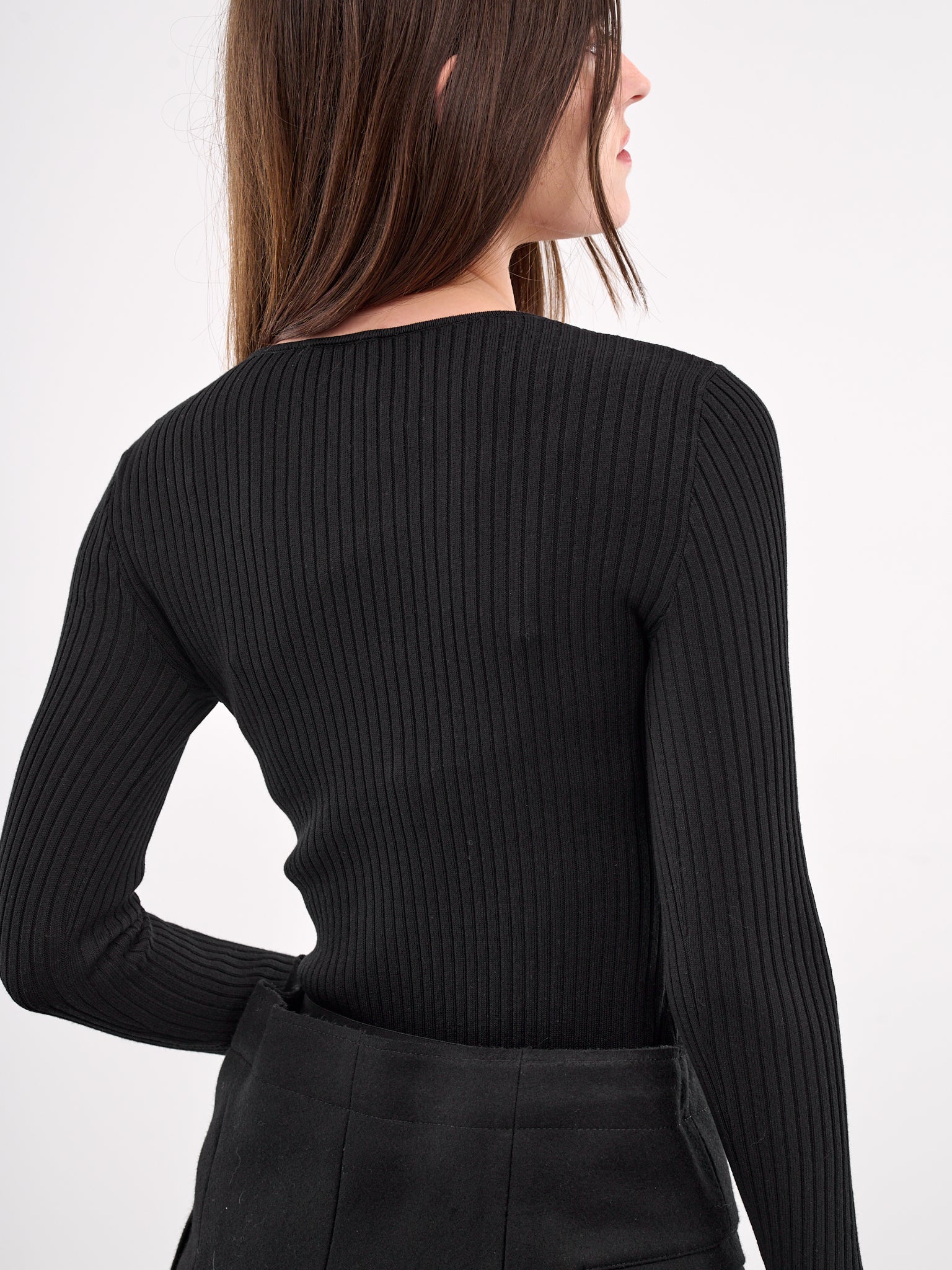 Pierced Knit Long Sleeve Top (KT0-25-688-W-BLACK)