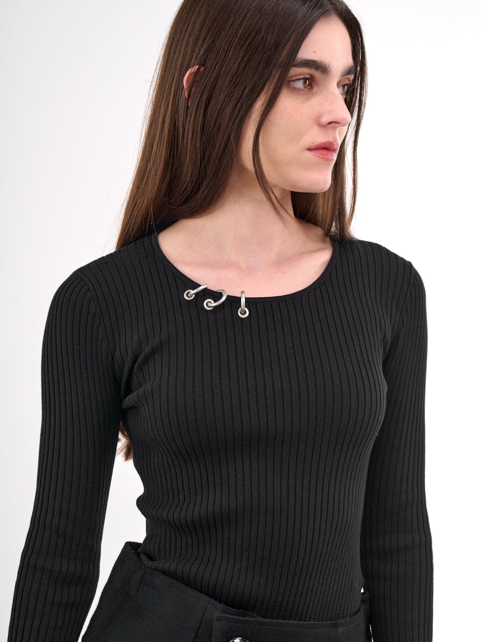 Pierced Knit Long Sleeve Top (KT0-25-688-W-BLACK)