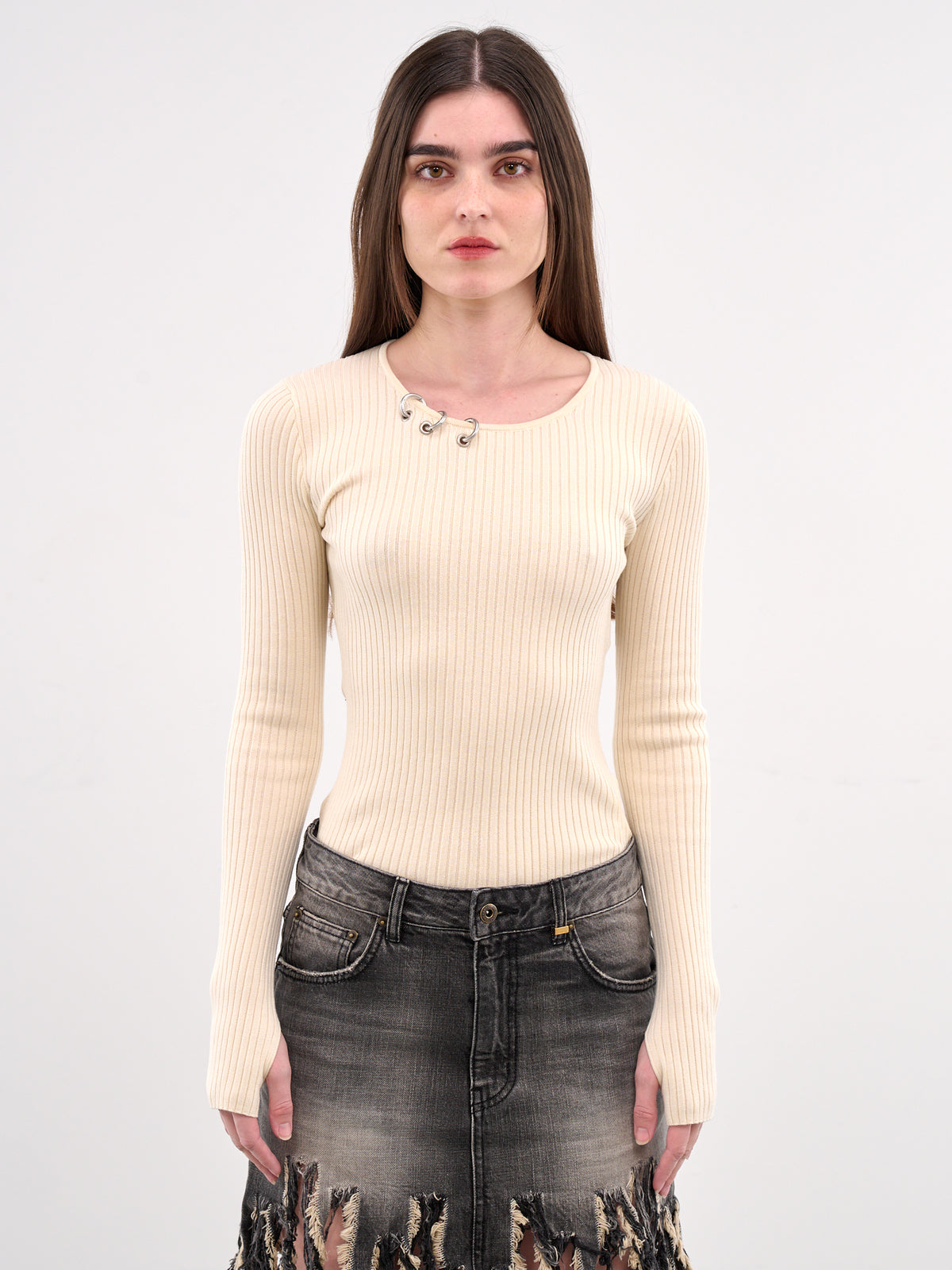 Pierced Knit Long Sleeve Top (KT0-25-688-W-IVORY)