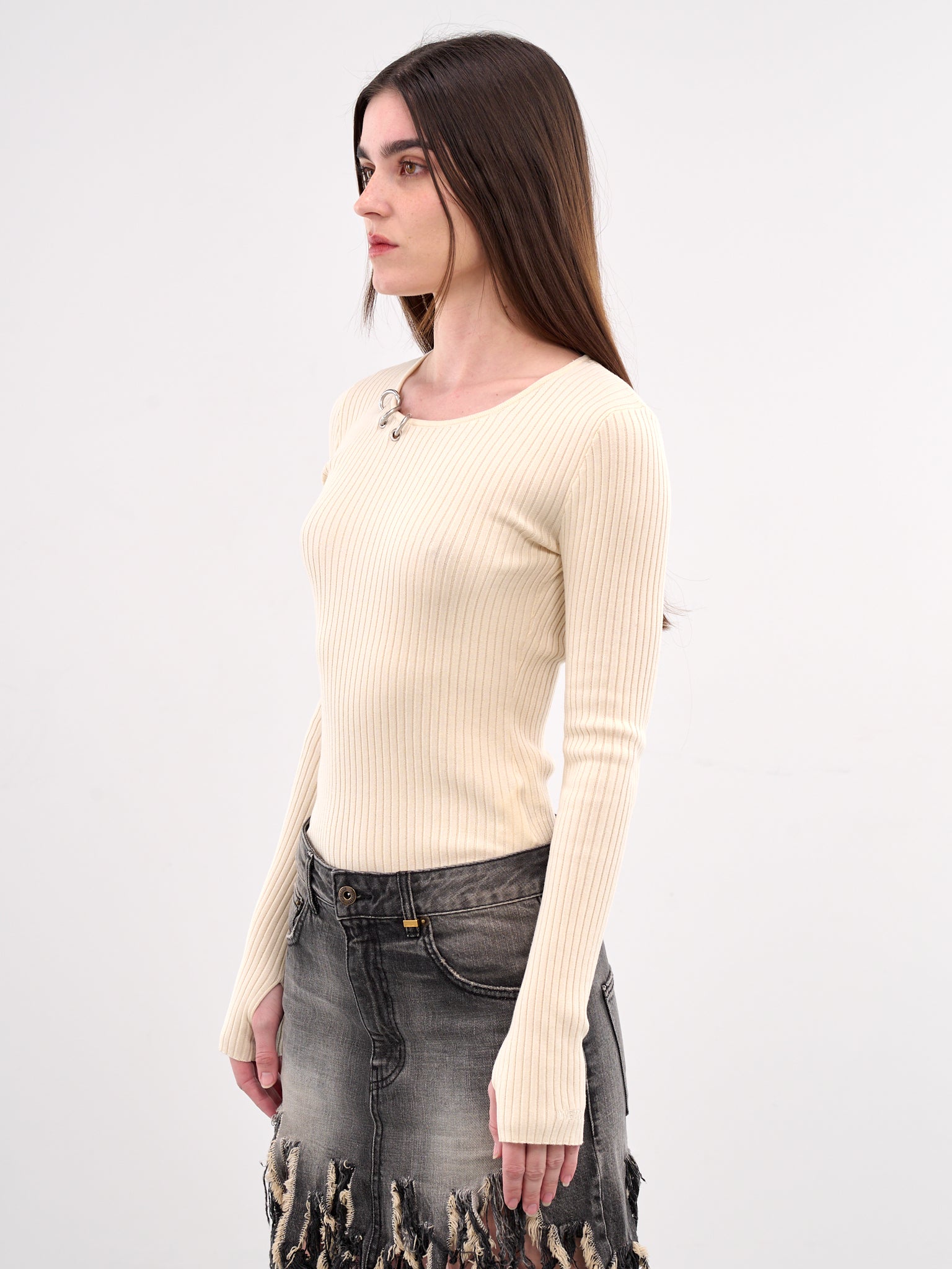 Pierced Knit Long Sleeve Top (KT0-25-688-W-IVORY)