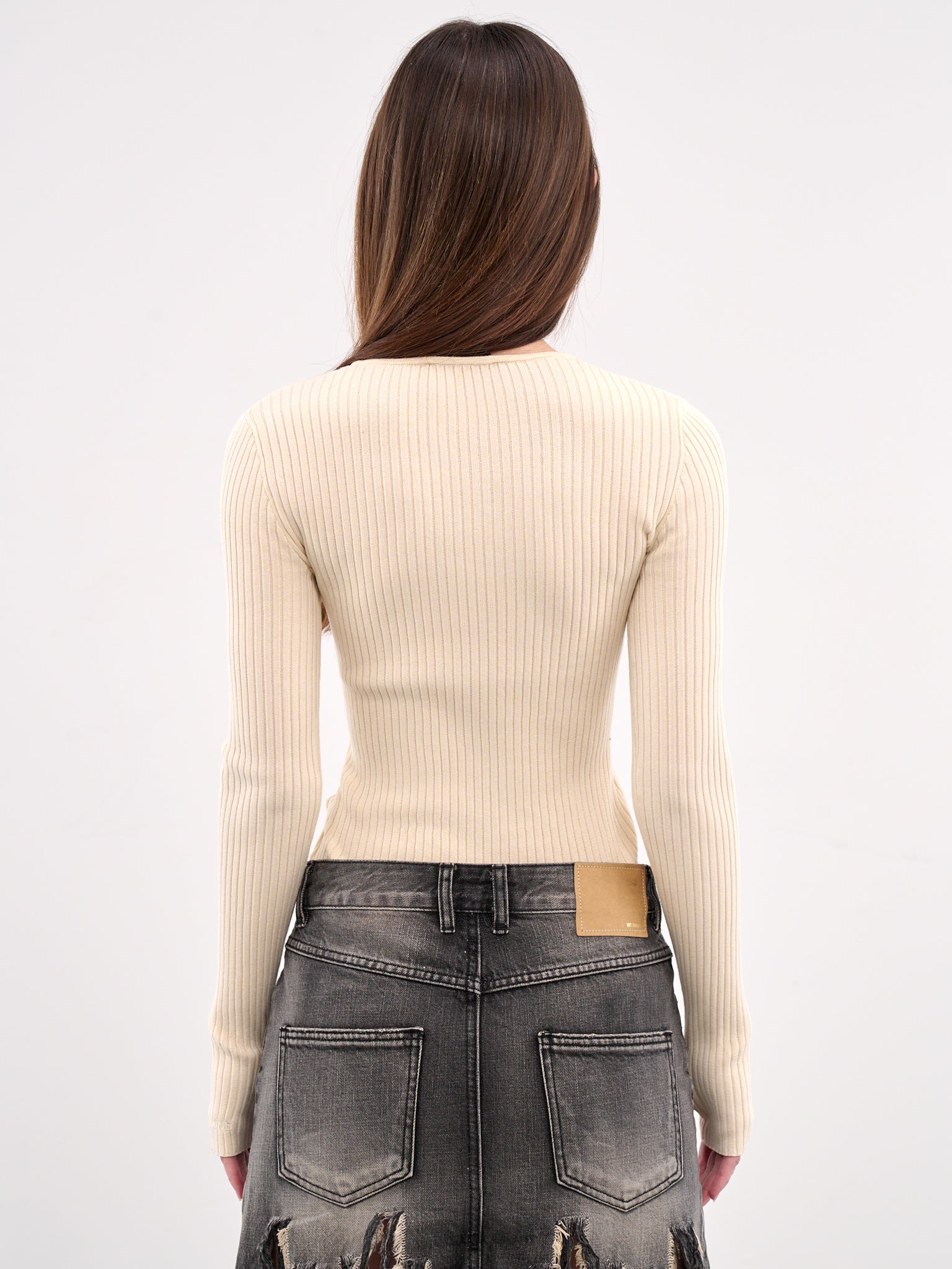 Pierced Knit Long Sleeve Top (KT0-25-688-W-IVORY)