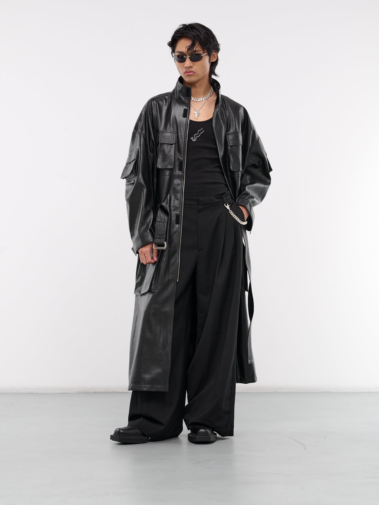 Cargo Faux Leather Trench Coat (MC017LE-GFL-BLACK)