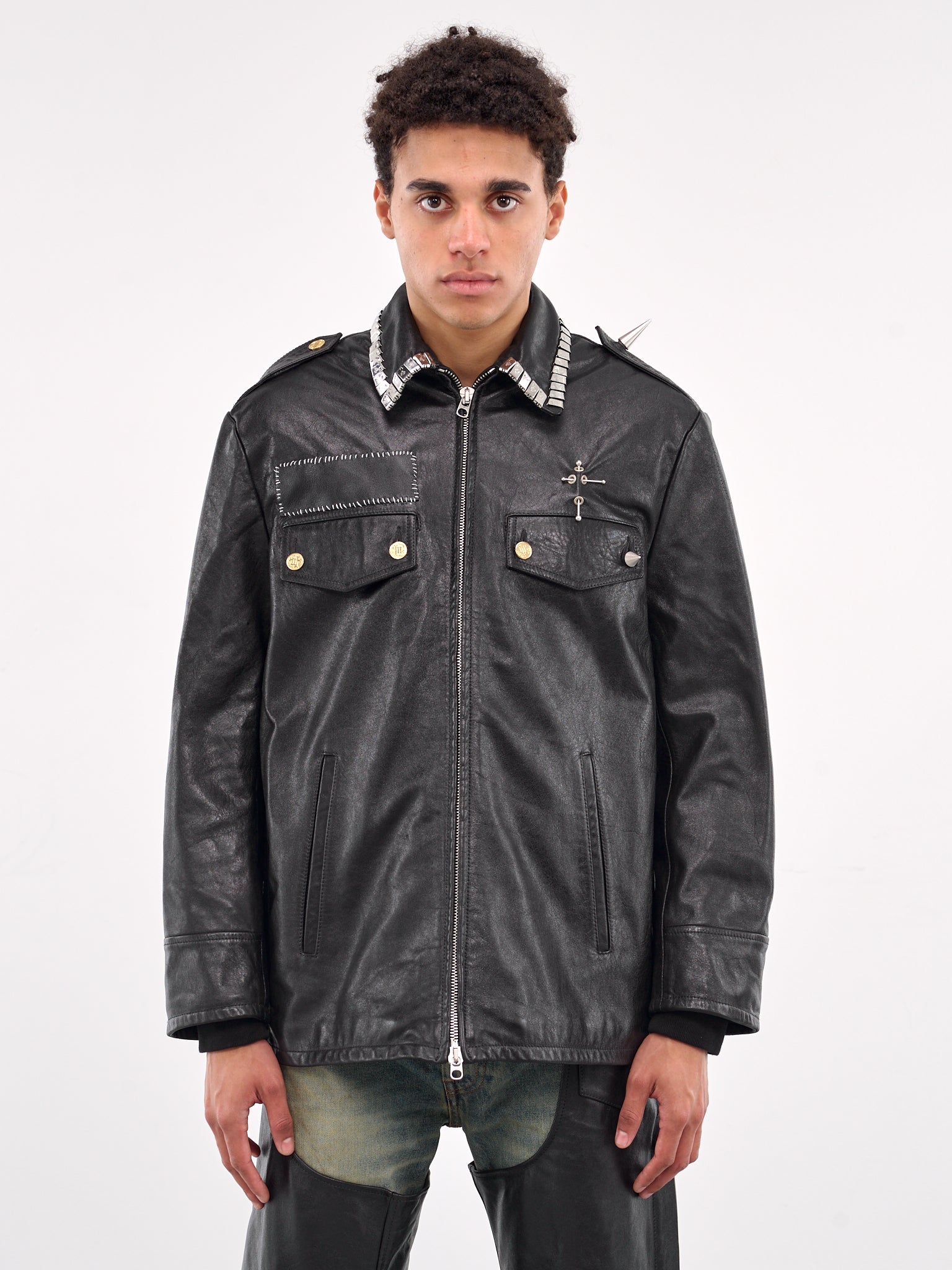 Pierced Police Leather Jacket (MD5SMJ02AP-PE244-BLACK)