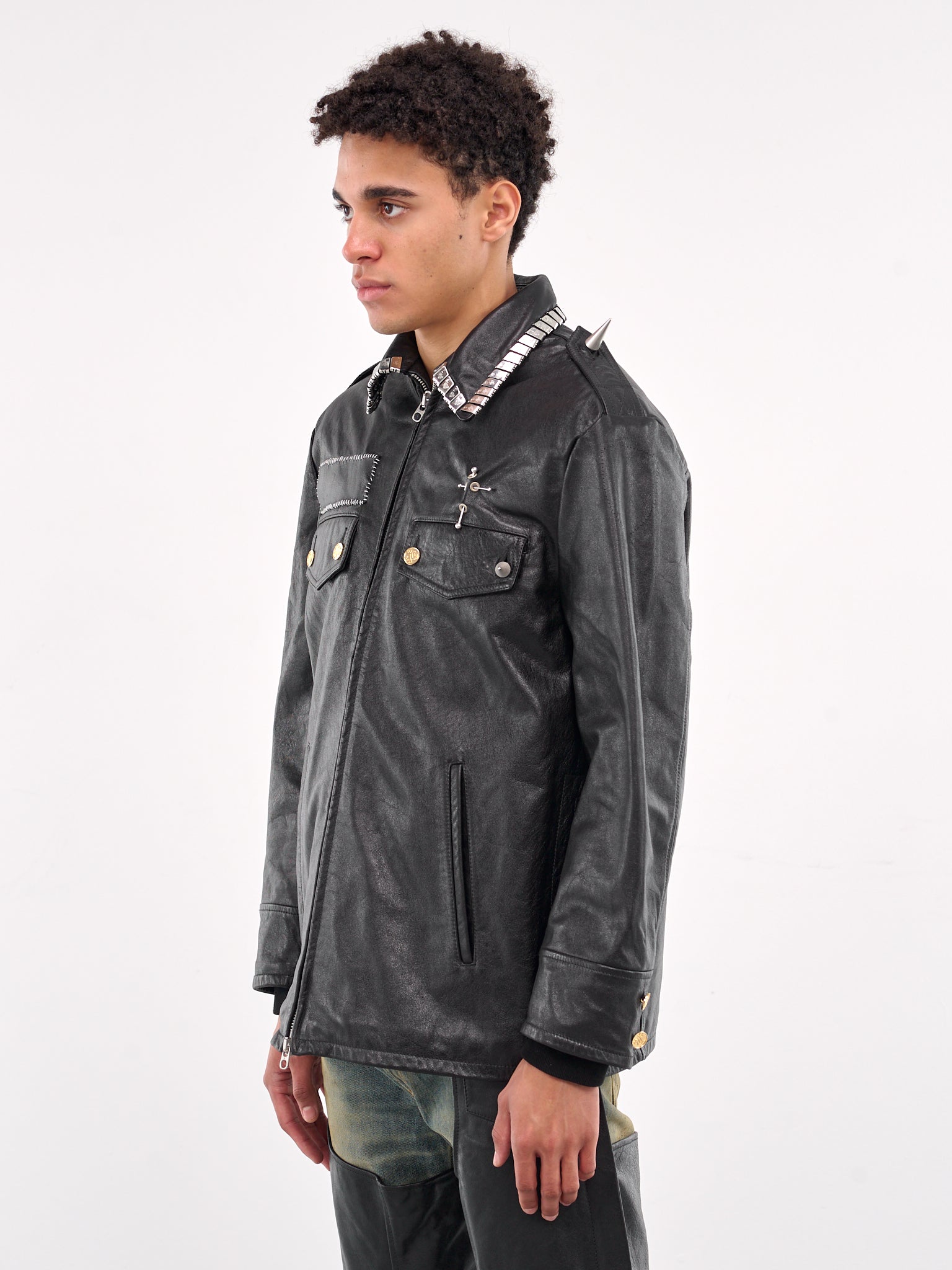 Pierced Police Leather Jacket (MD5SMJ02AP-PE244-BLACK)