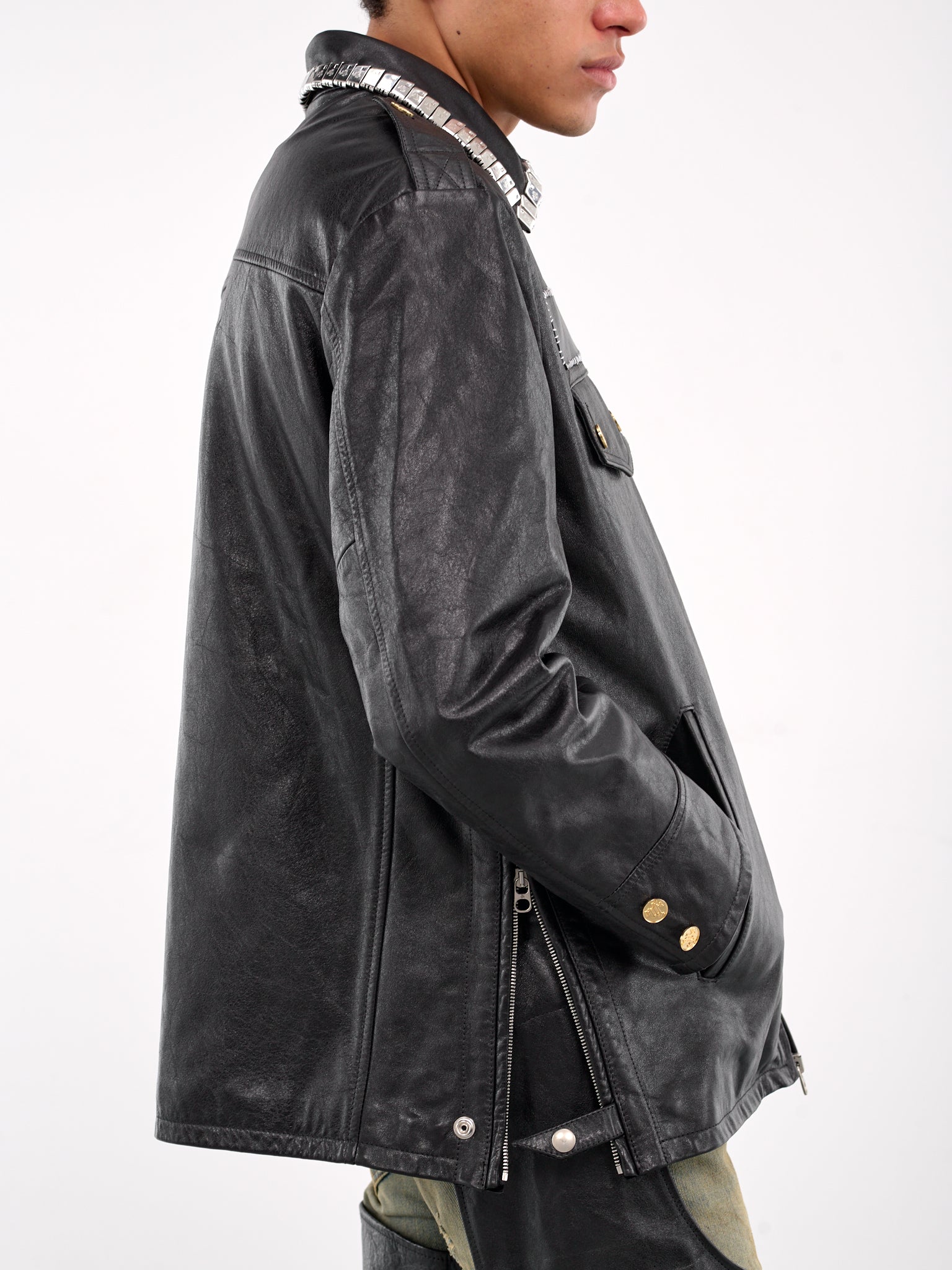 Pierced Police Leather Jacket (MD5SMJ02AP-PE244-BLACK)