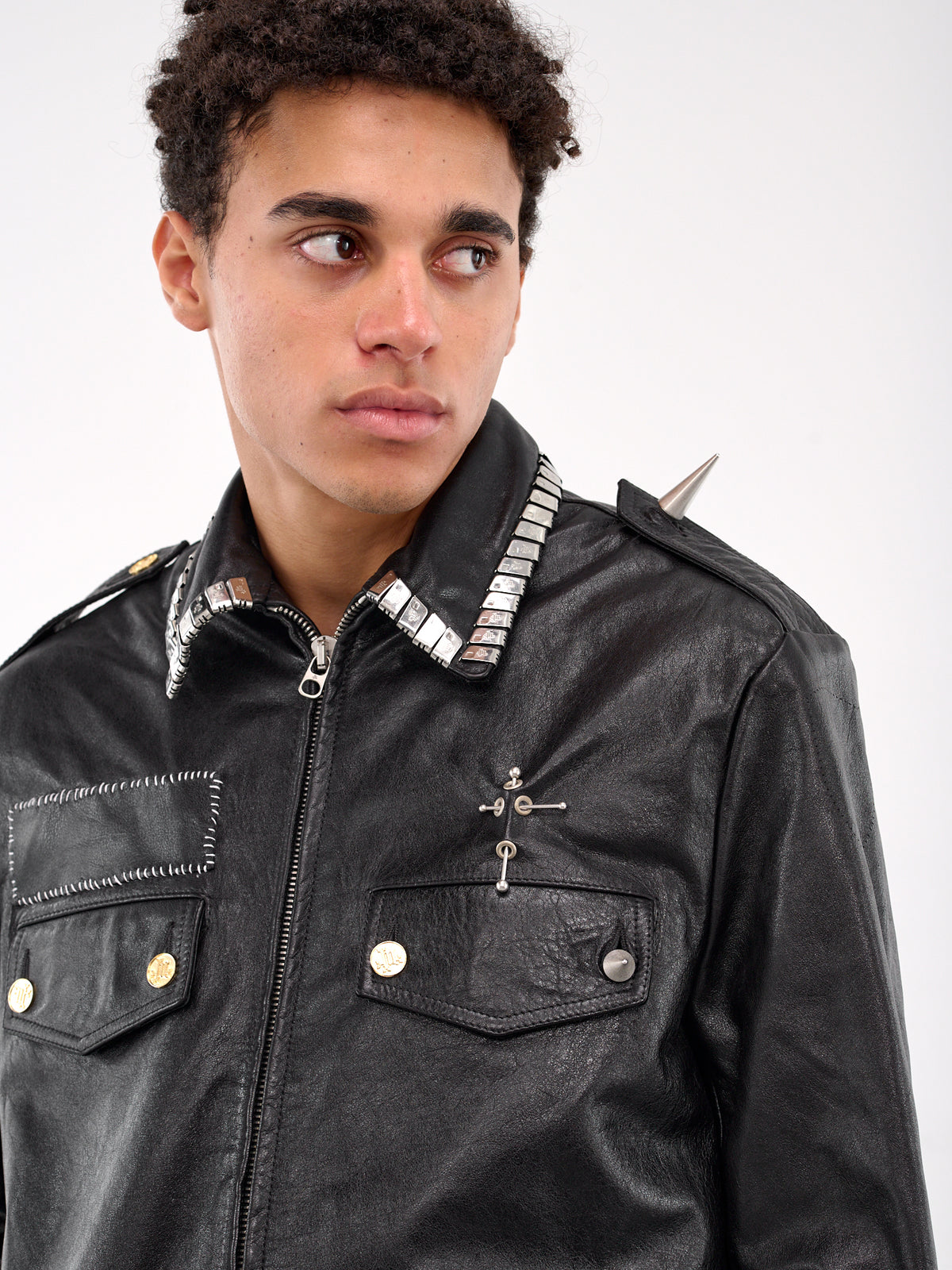 Pierced Police Leather Jacket (MD5SMJ02AP-PE244-BLACK)