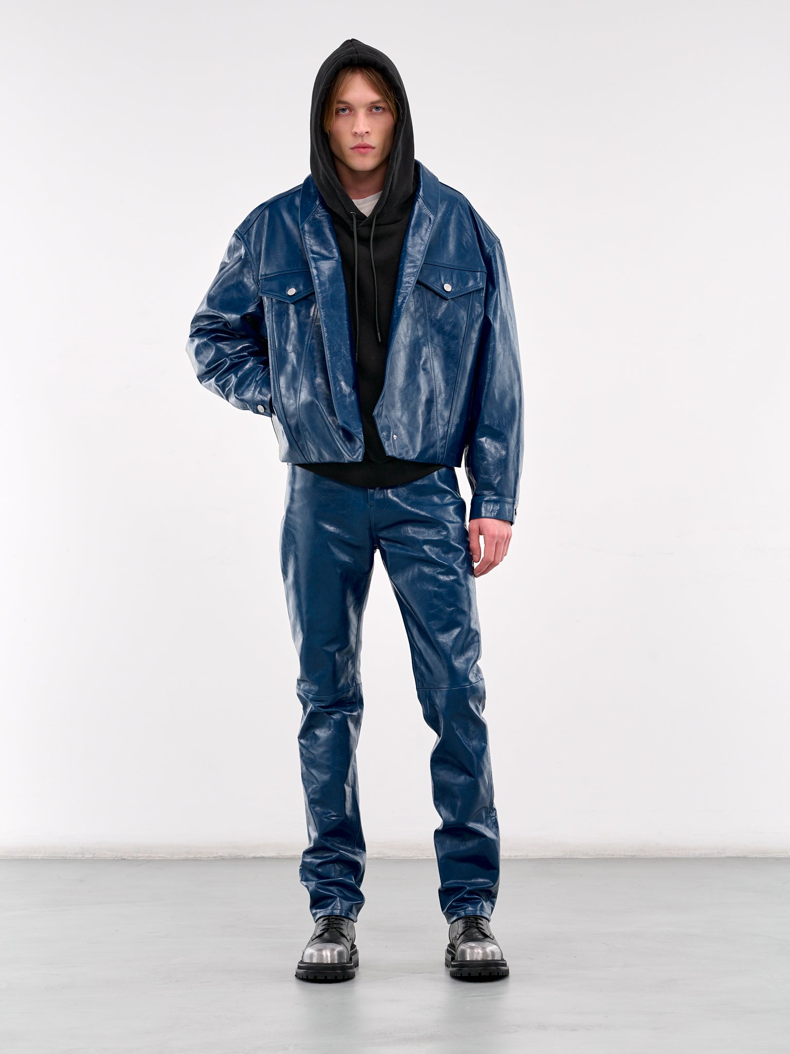 Leather Shawl Collar Trucker Jacket (MP24LLBA-JC3020-TRUE-BLUE)