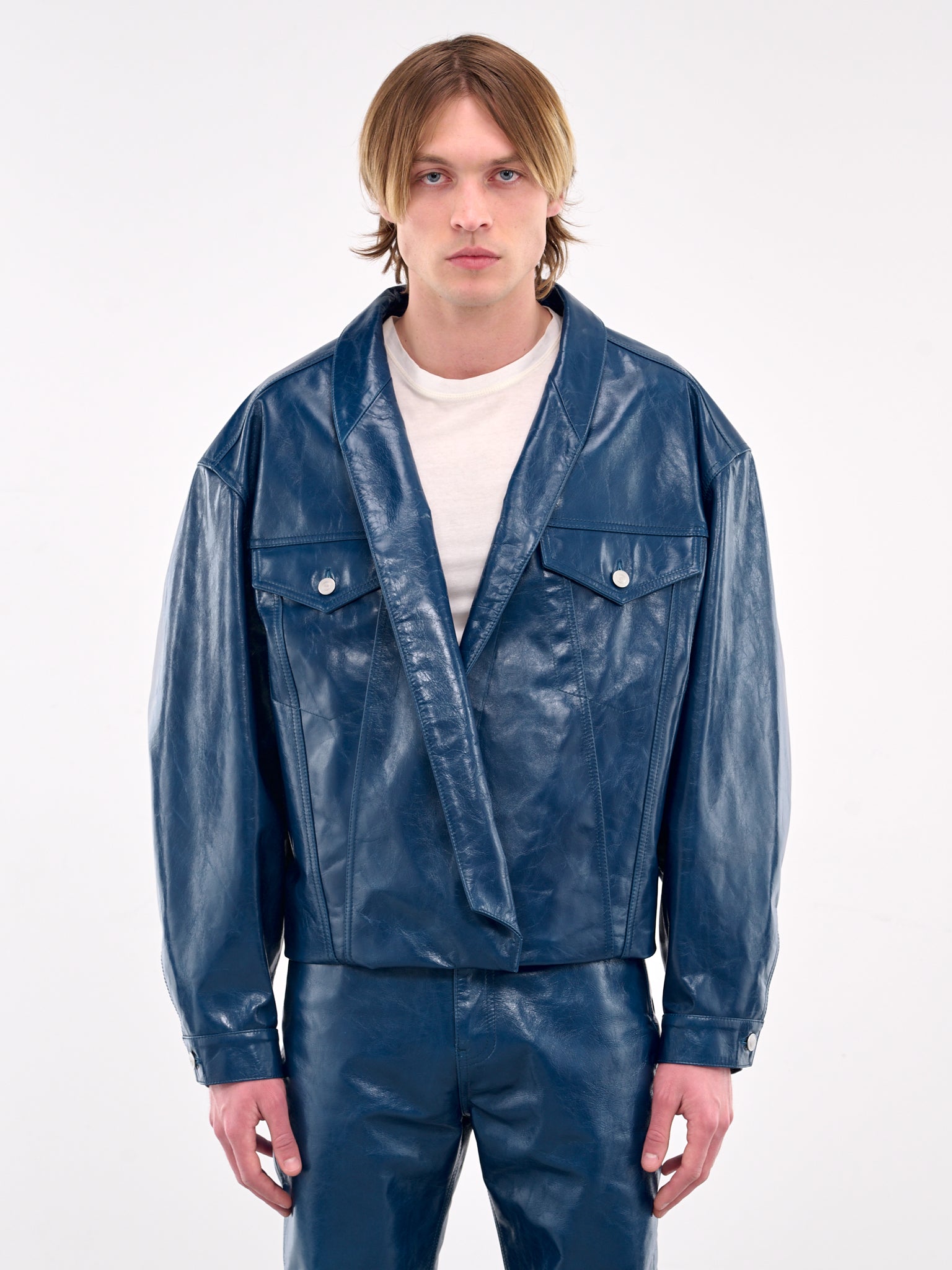 Leather Shawl Collar Trucker Jacket (MP24LLBA-JC3020-TRUE-BLUE)