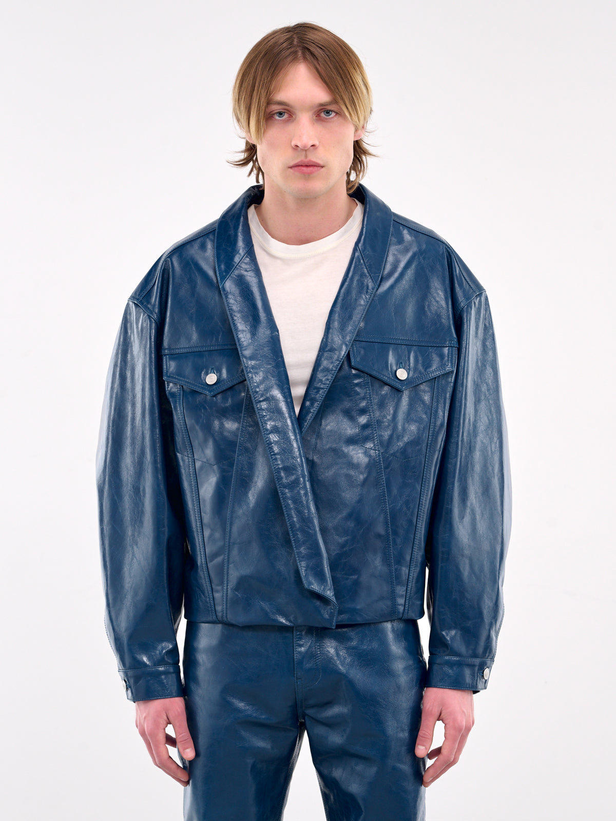 Leather Shawl Collar Trucker Jacket (MP24LLBA-JC3020-TRUE-BLUE)