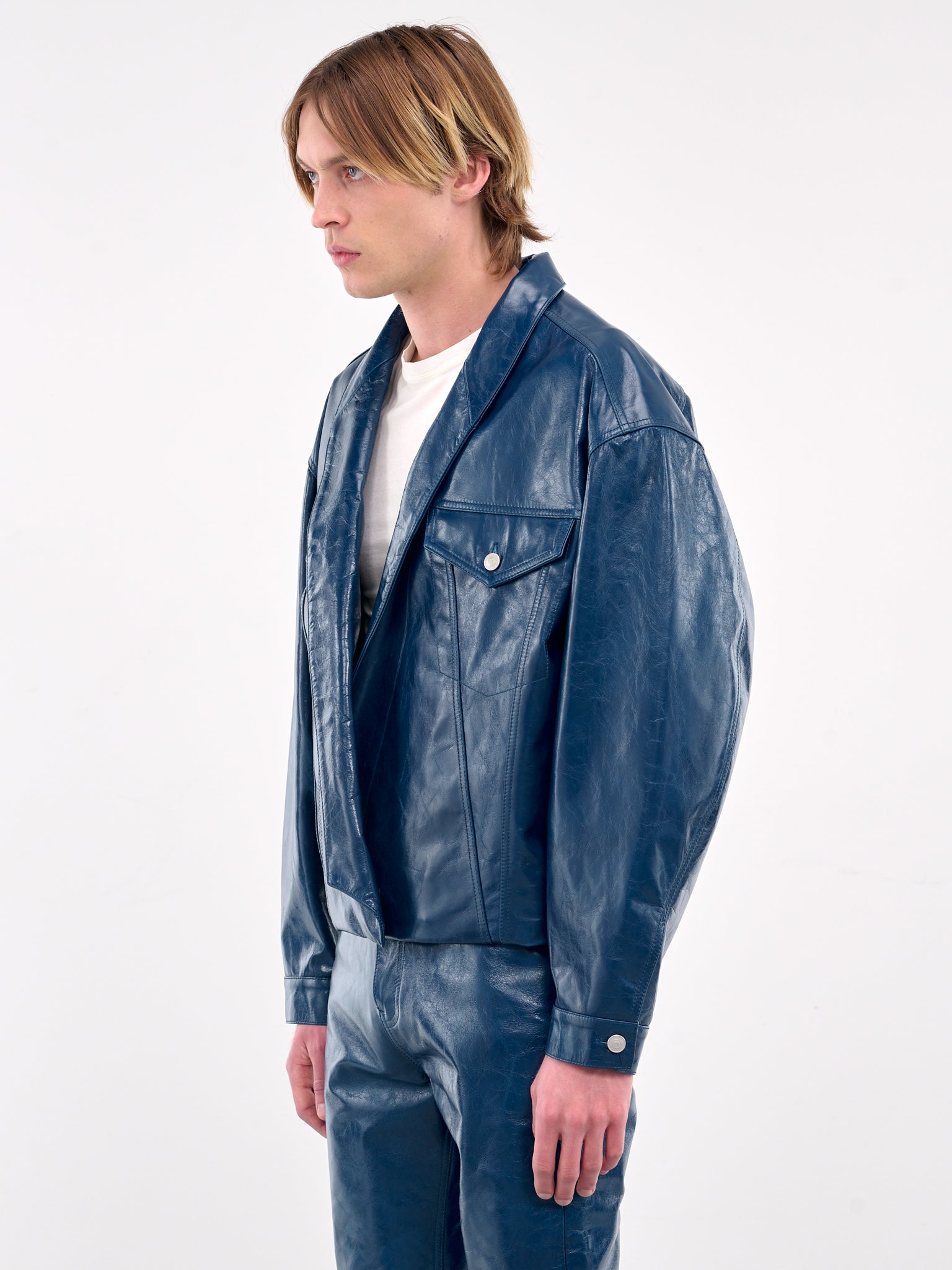 Leather Shawl Collar Trucker Jacket (MP24LLBA-JC3020-TRUE-BLUE)