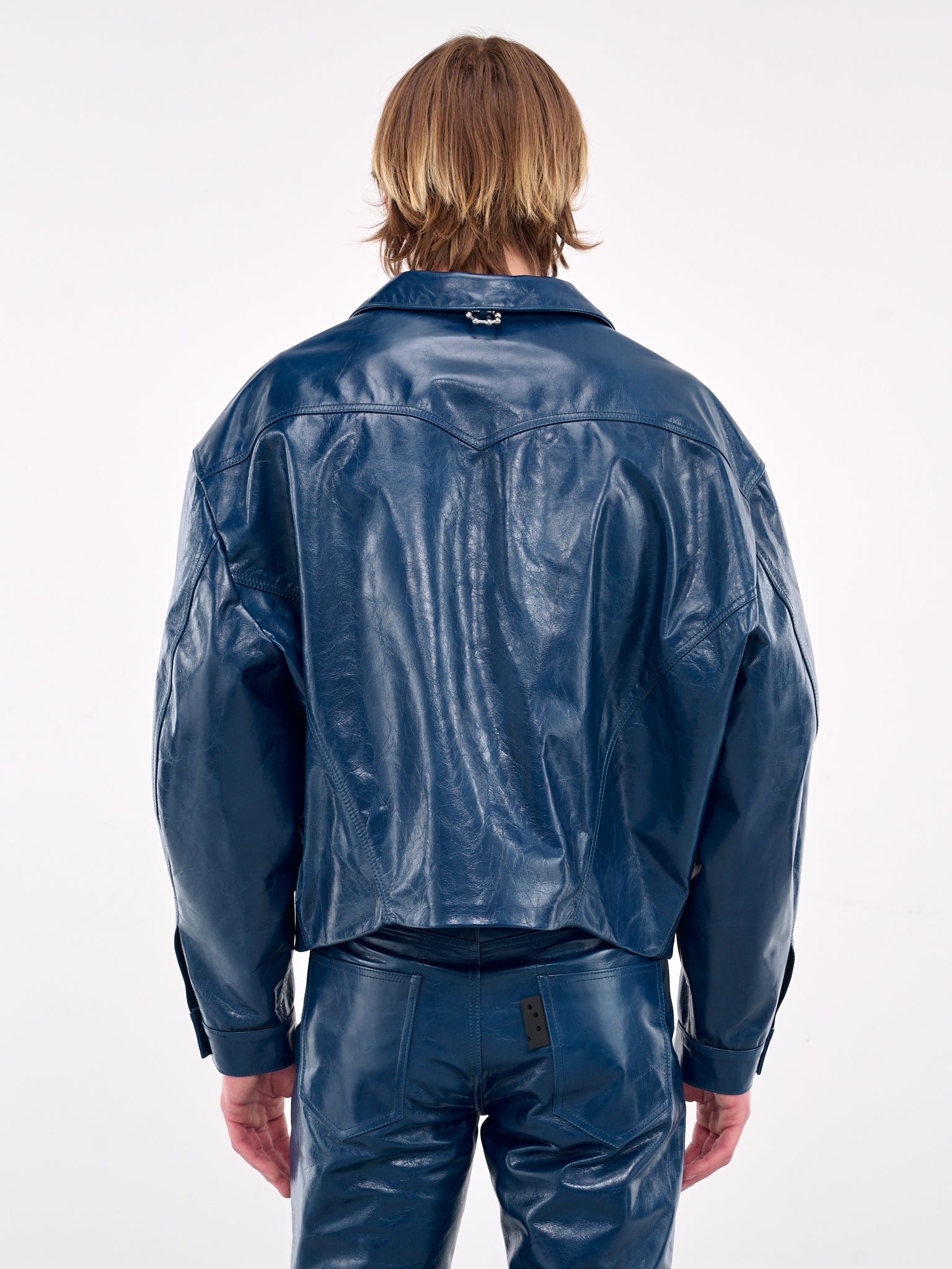 Leather Shawl Collar Trucker Jacket (MP24LLBA-JC3020-TRUE-BLUE)