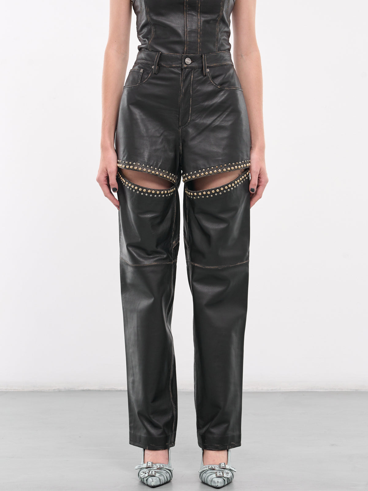 Studded Leather Slit Trousers (PA0039LE01-BLACK)