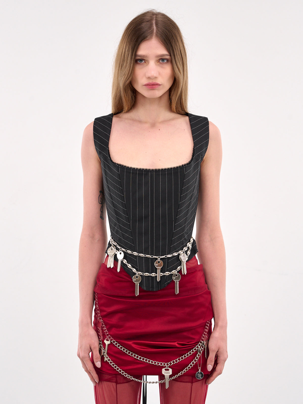 Chains & Keys Pinstripe Corset (PIN-STRIPE-W-CHAINS&KEYS-BLACK)