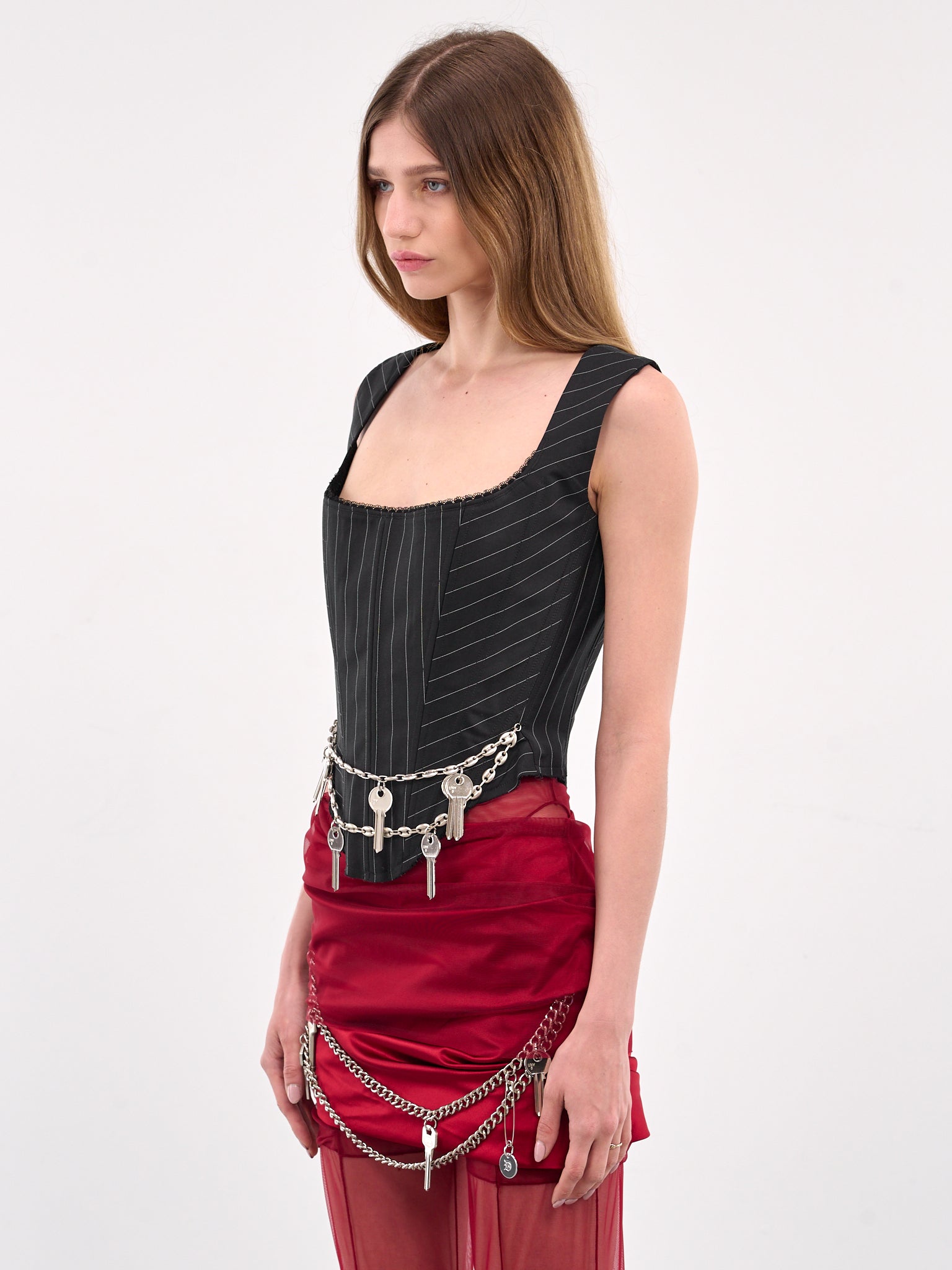 Chains & Keys Pinstripe Corset (PIN-STRIPE-W-CHAINS&KEYS-BLACK)