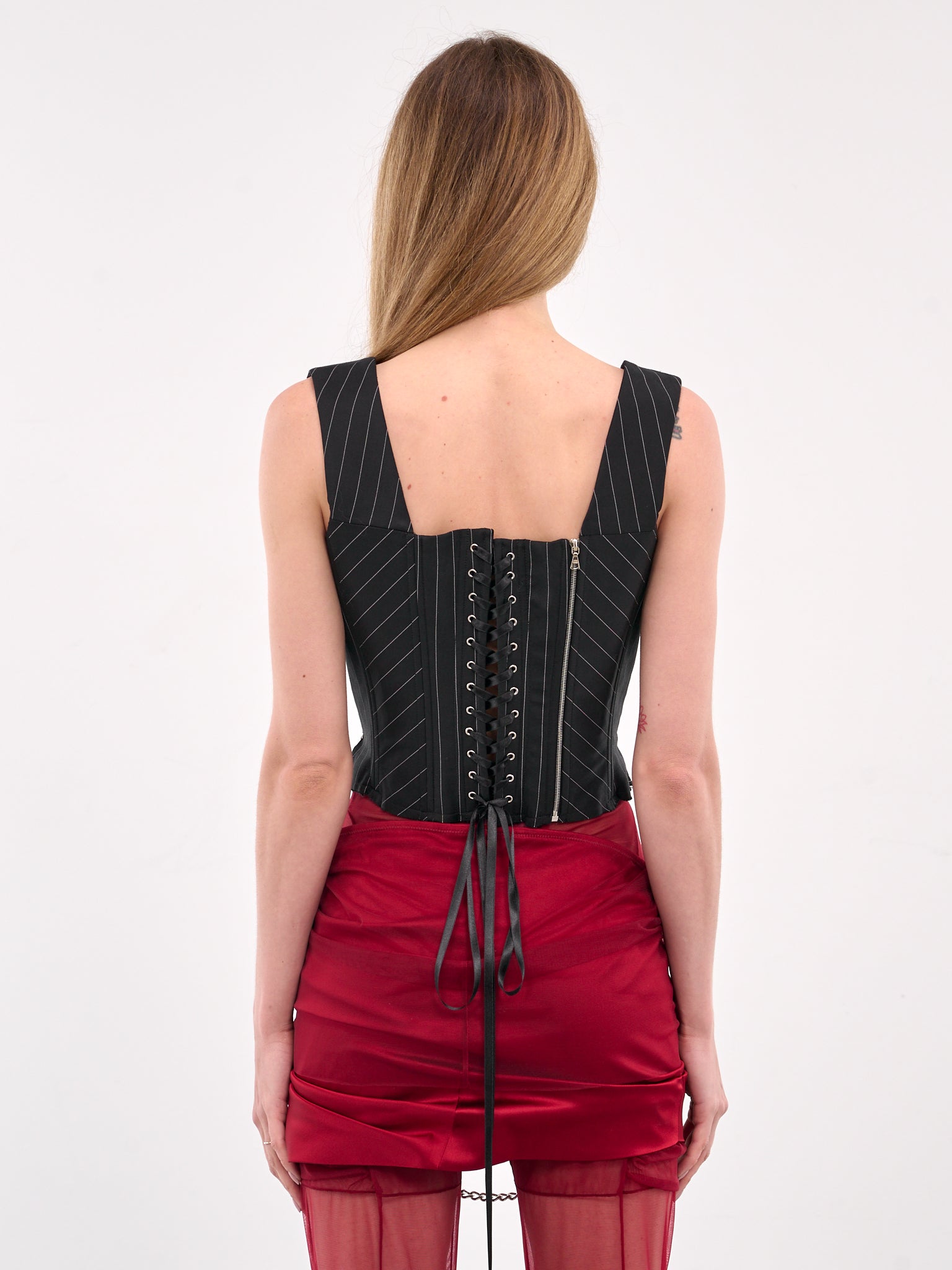 Chains & Keys Pinstripe Corset (PIN-STRIPE-W-CHAINS&KEYS-BLACK)