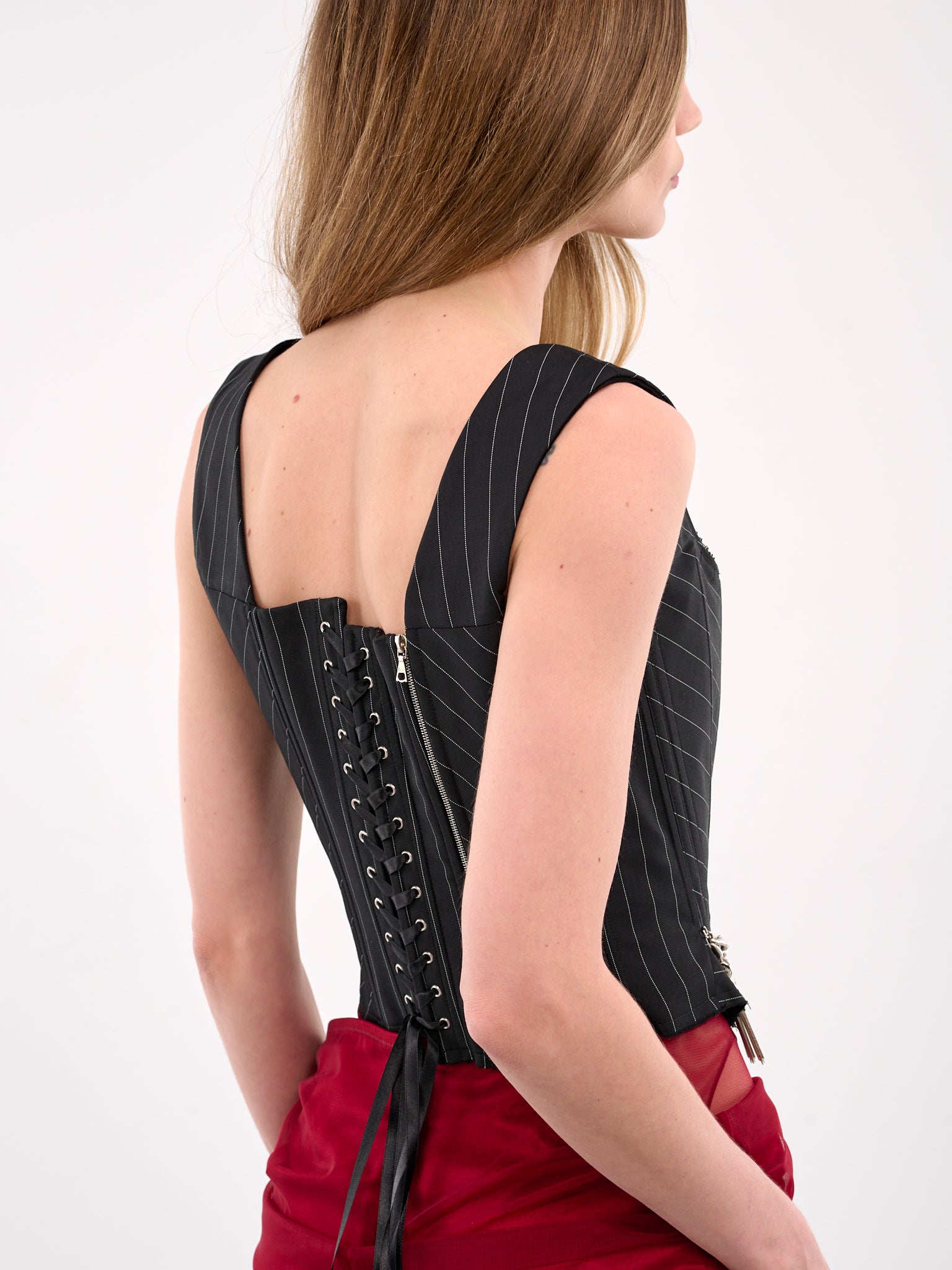 Chains & Keys Pinstripe Corset (PIN-STRIPE-W-CHAINS&KEYS-BLACK)