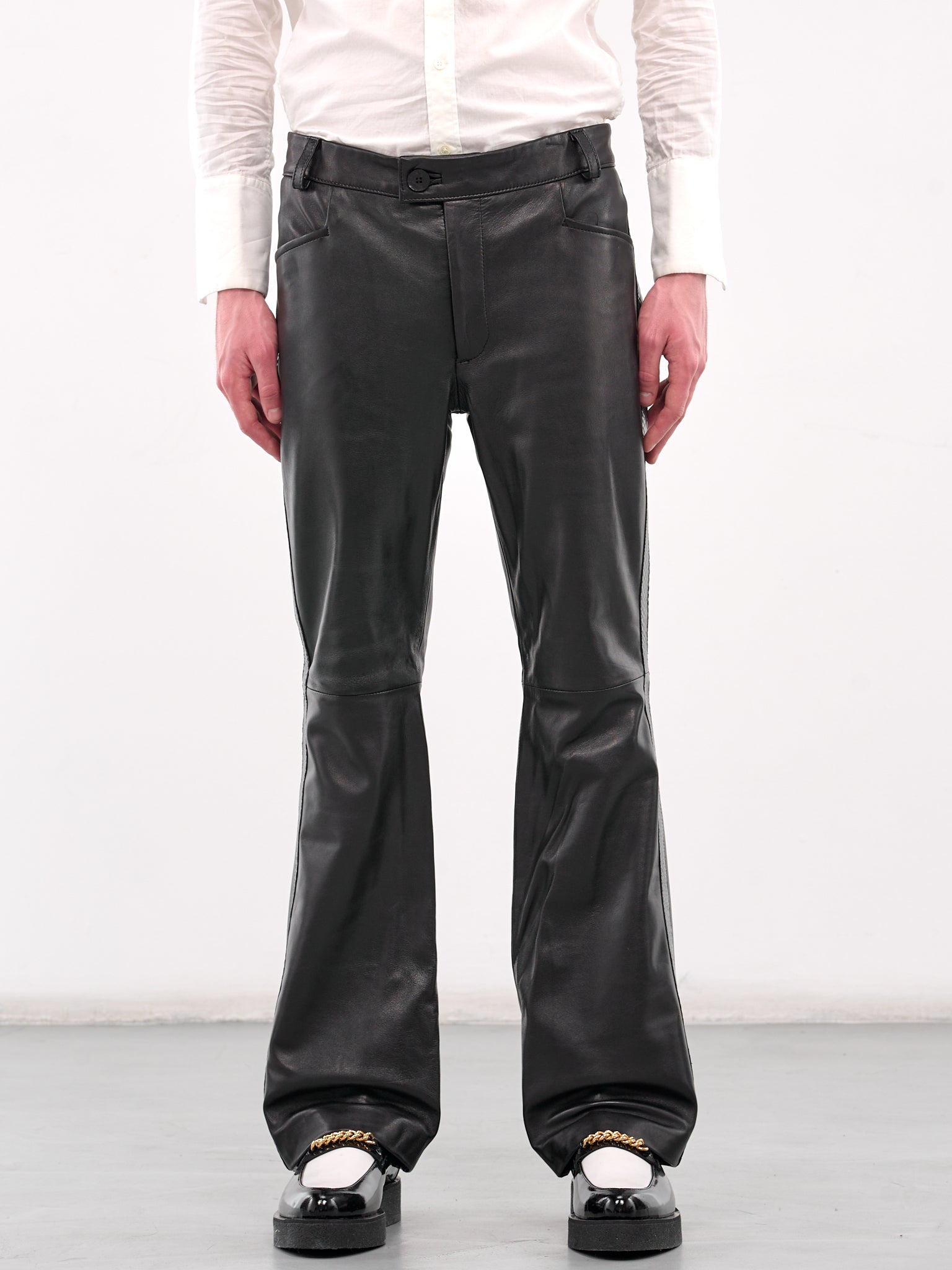 Snake Trim Leather Flare Trousers (PT14DL-LE54-BLACK-SNAKE)