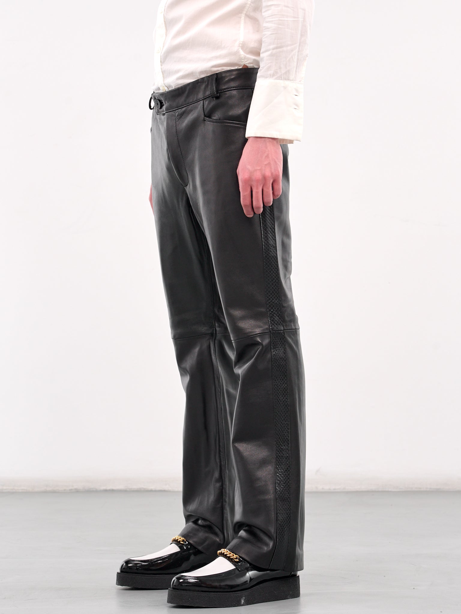 Snake Trim Leather Flare Trousers (PT14DL-LE54-BLACK-SNAKE)