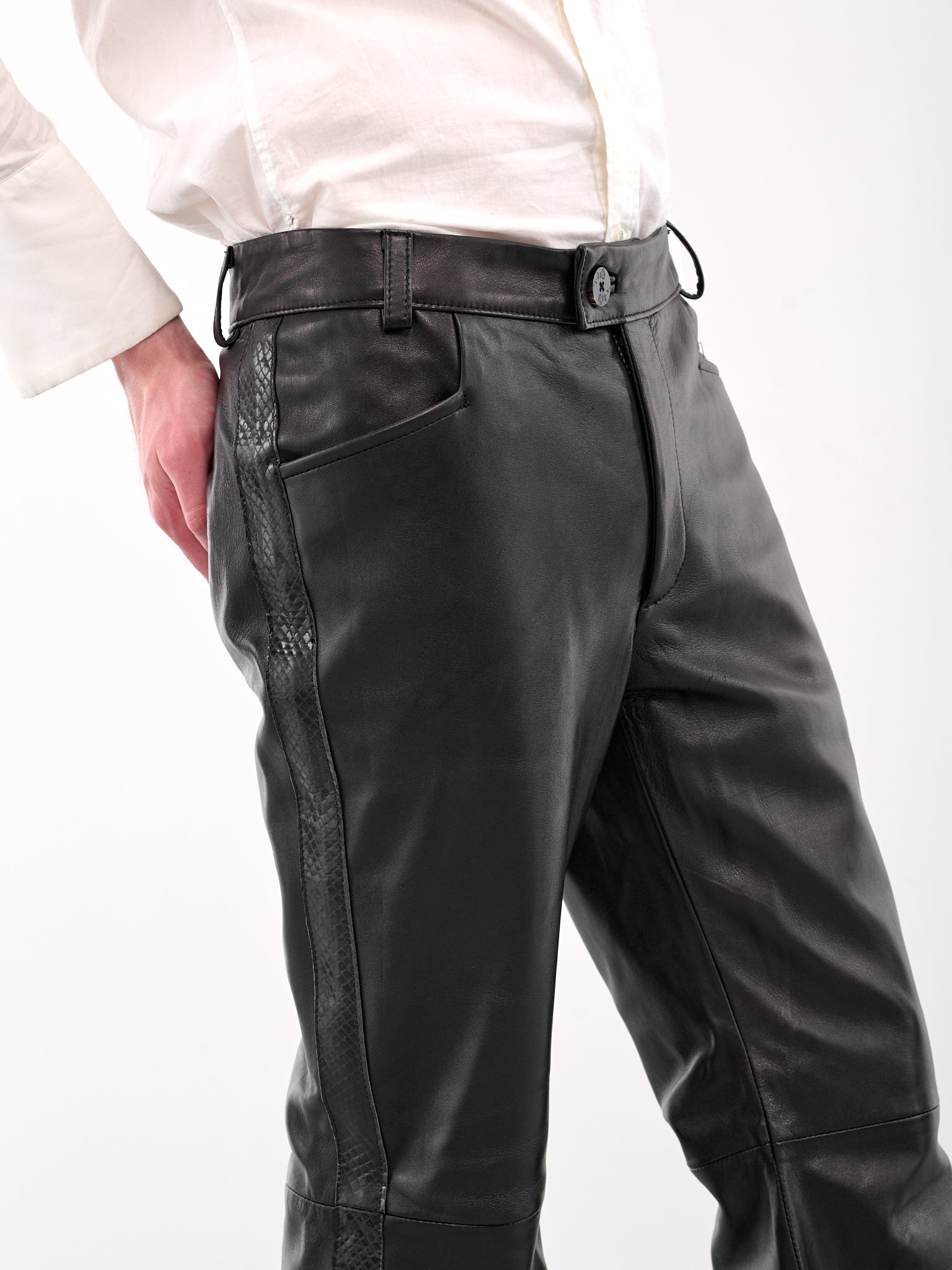 Snake Trim Leather Flare Trousers (PT14DL-LE54-BLACK-SNAKE)