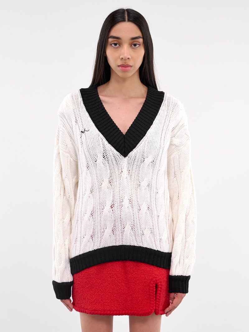 V-Neck Knit Sweater (RR-K043-WHITE-BLACK)