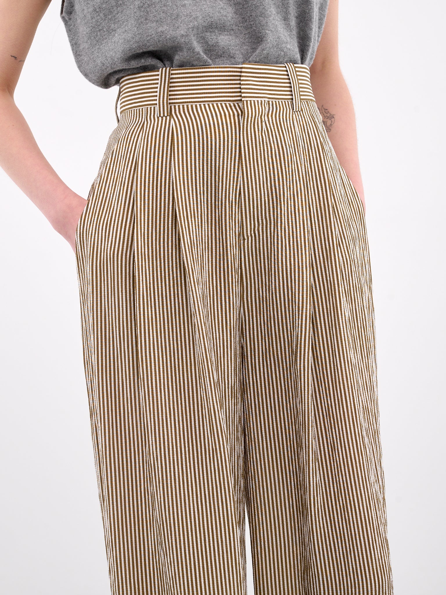 Pleated Wide Leg Trousers (S25P41A-KHAKI-STRIPE)