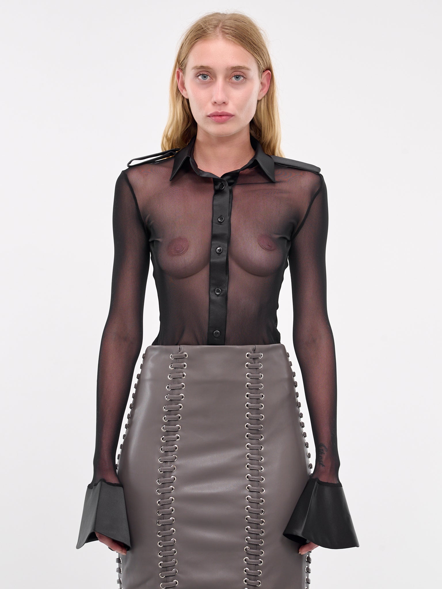 Satin Detailed Mesh Shirt (SH01BL-BLACK)