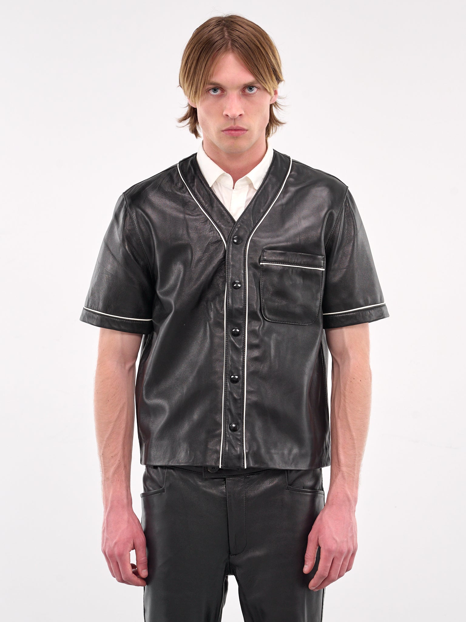 Leather Baseball Shirt (SH31L-LE01-BLACK)