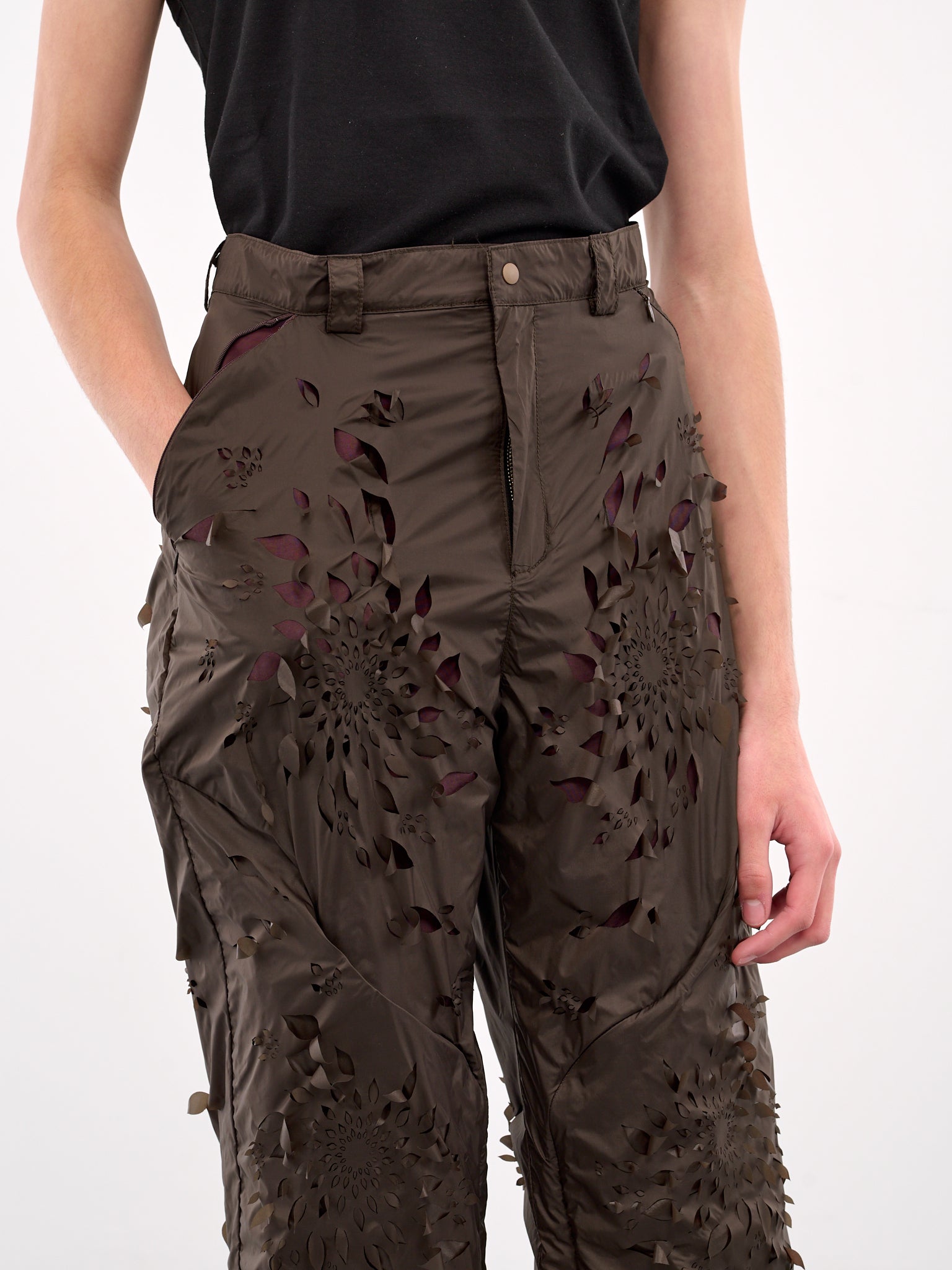 Laser-Slashed Petal Trousers (T06-BROWN-BURGUNDY)