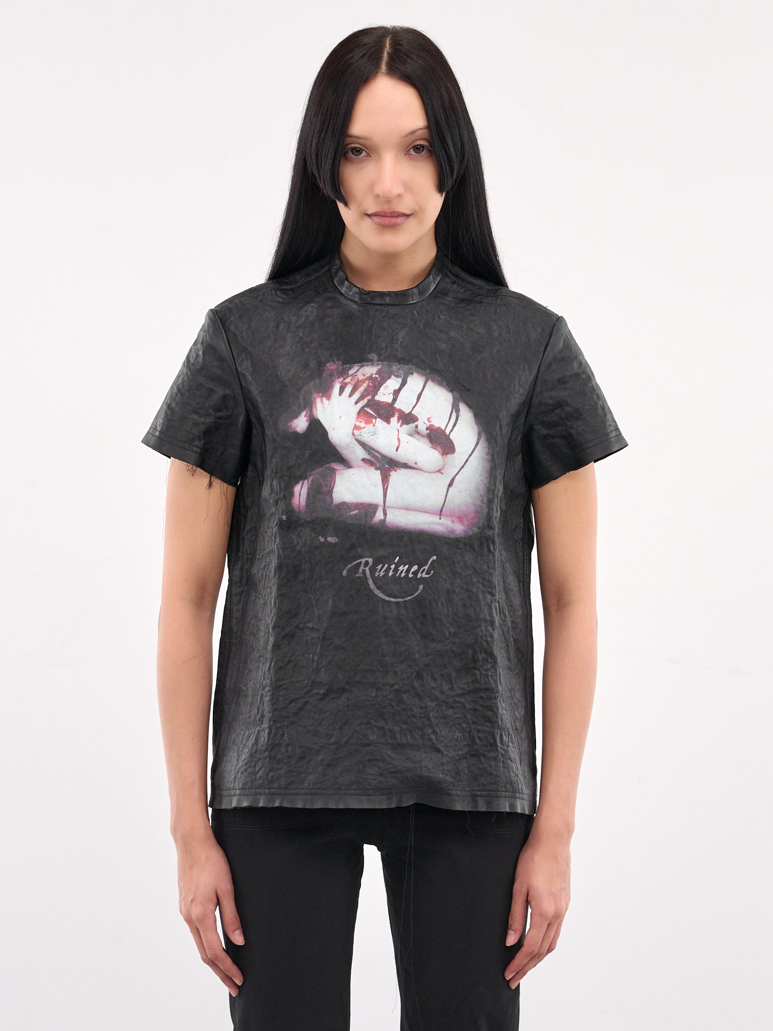 Metal Wrinkled Leather Tee (TOP-W-MET-LEA-BLACK)