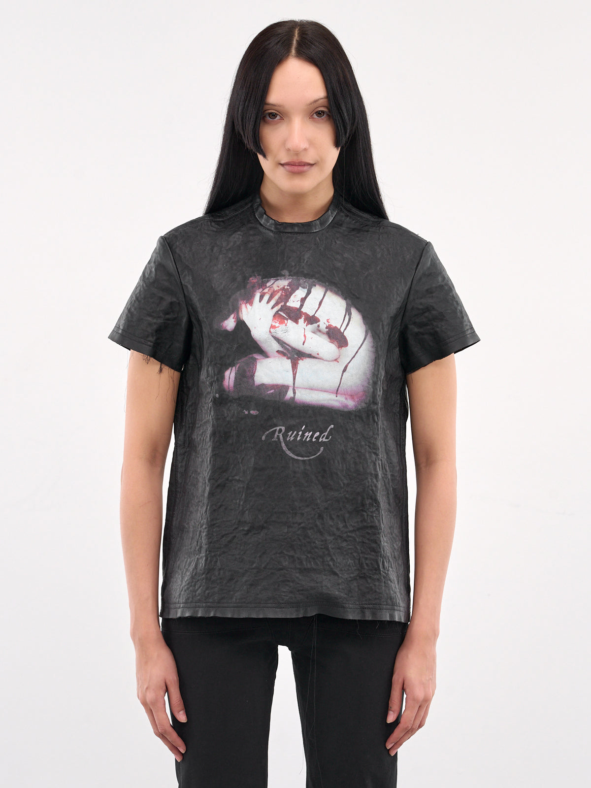 Metal Wrinkled Leather Tee (TOP-W-MET-LEA-BLACK)