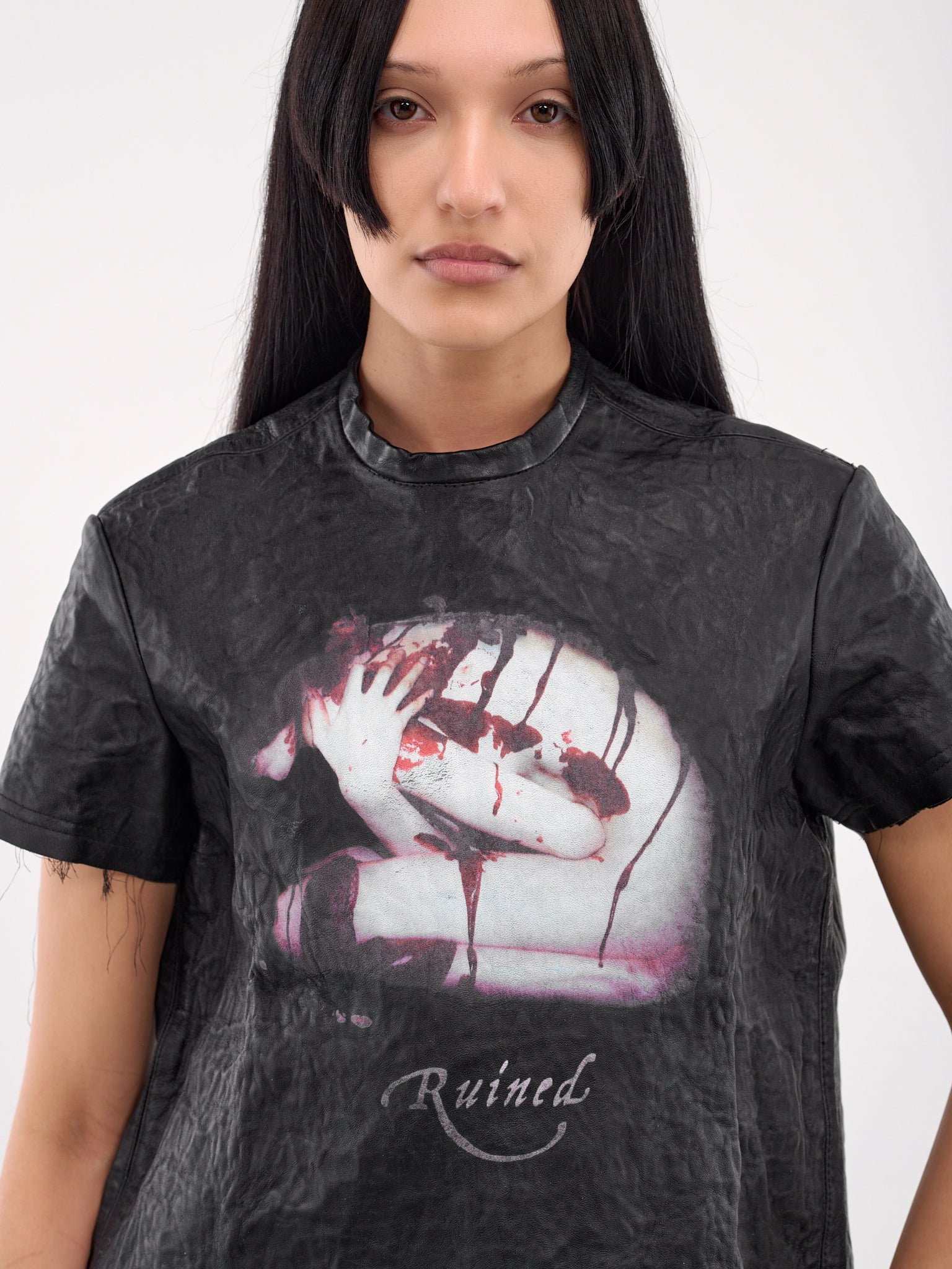 Metal Wrinkled Leather Tee (TOP-W-MET-LEA-BLACK)