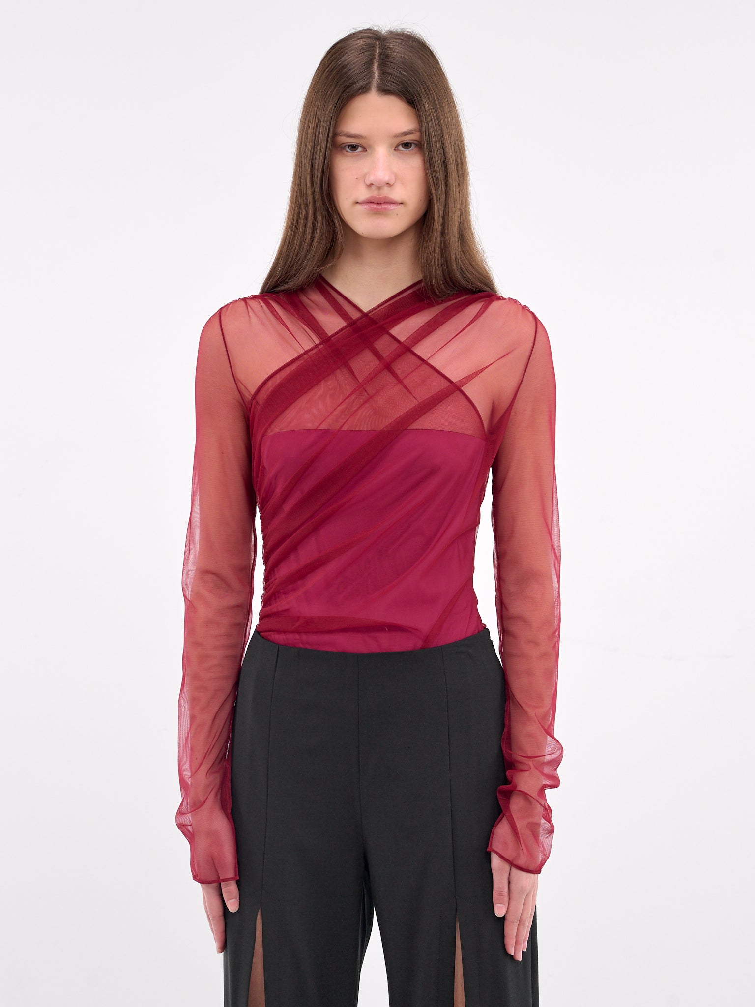 Sheer Gathered Long Sleeve Top (TOP083-BURGUNDY-PEONIA)