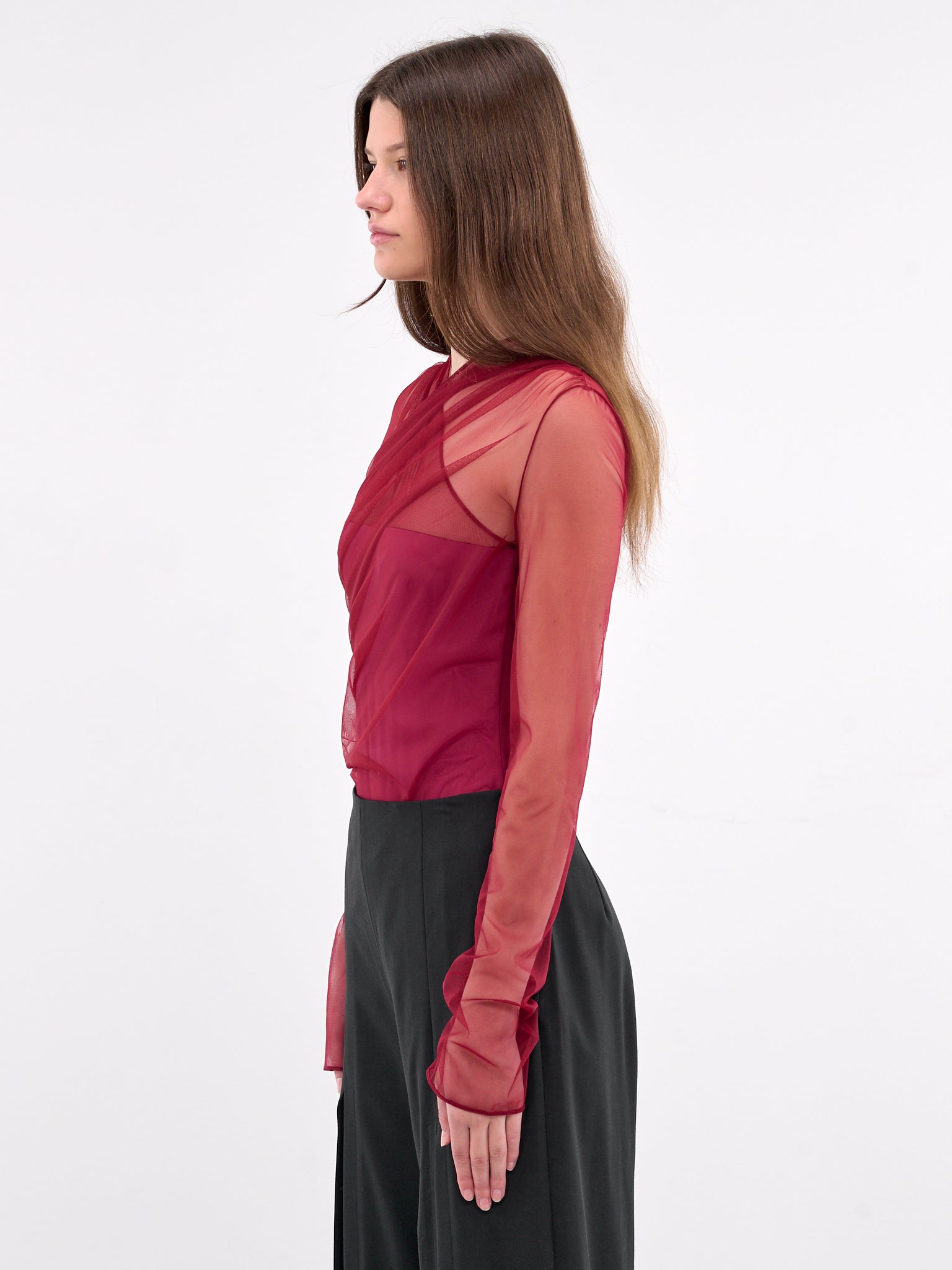 Sheer Gathered Long Sleeve Top (TOP083-BURGUNDY-PEONIA)