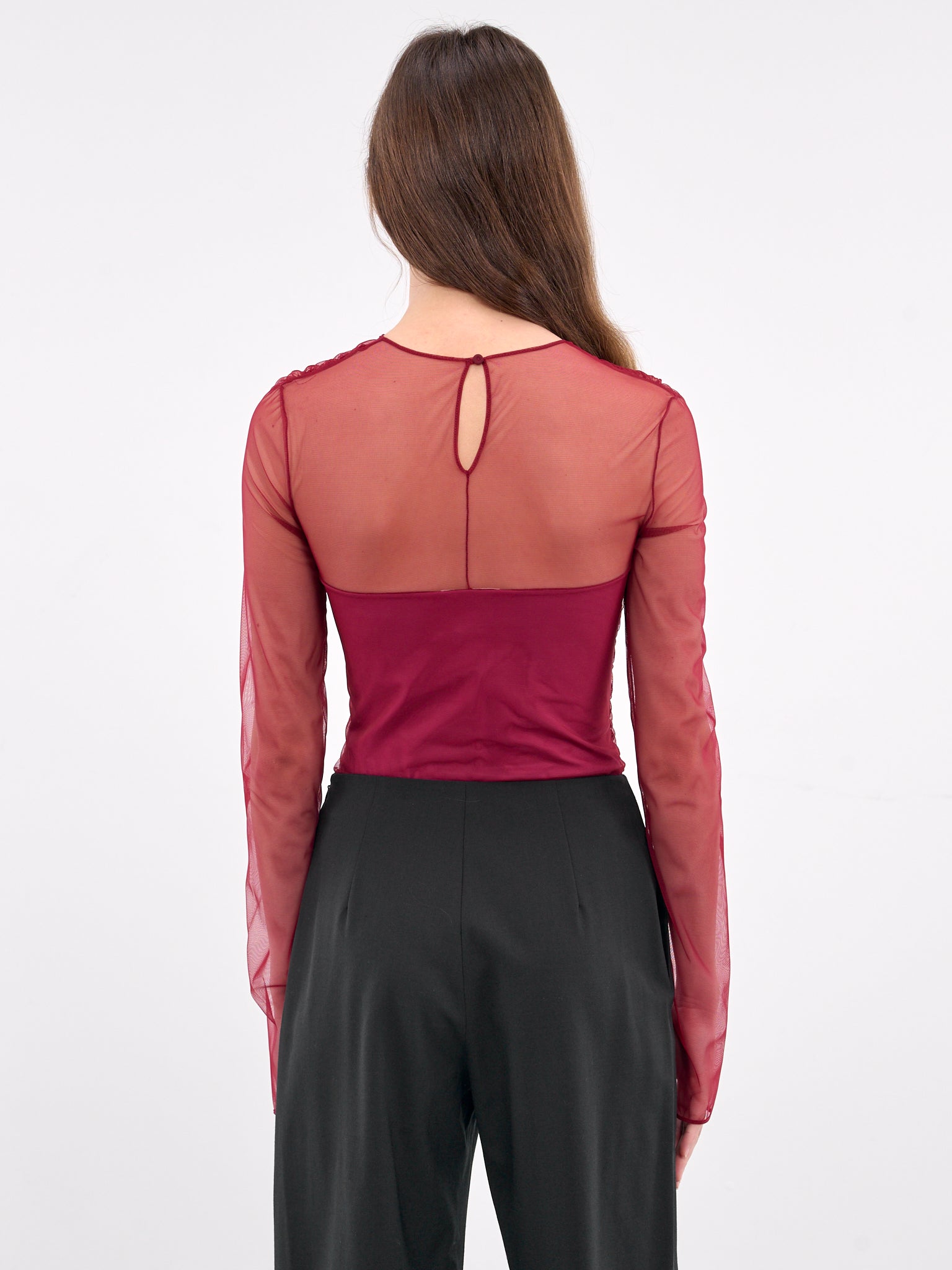 Sheer Gathered Long Sleeve Top (TOP083-BURGUNDY-PEONIA)