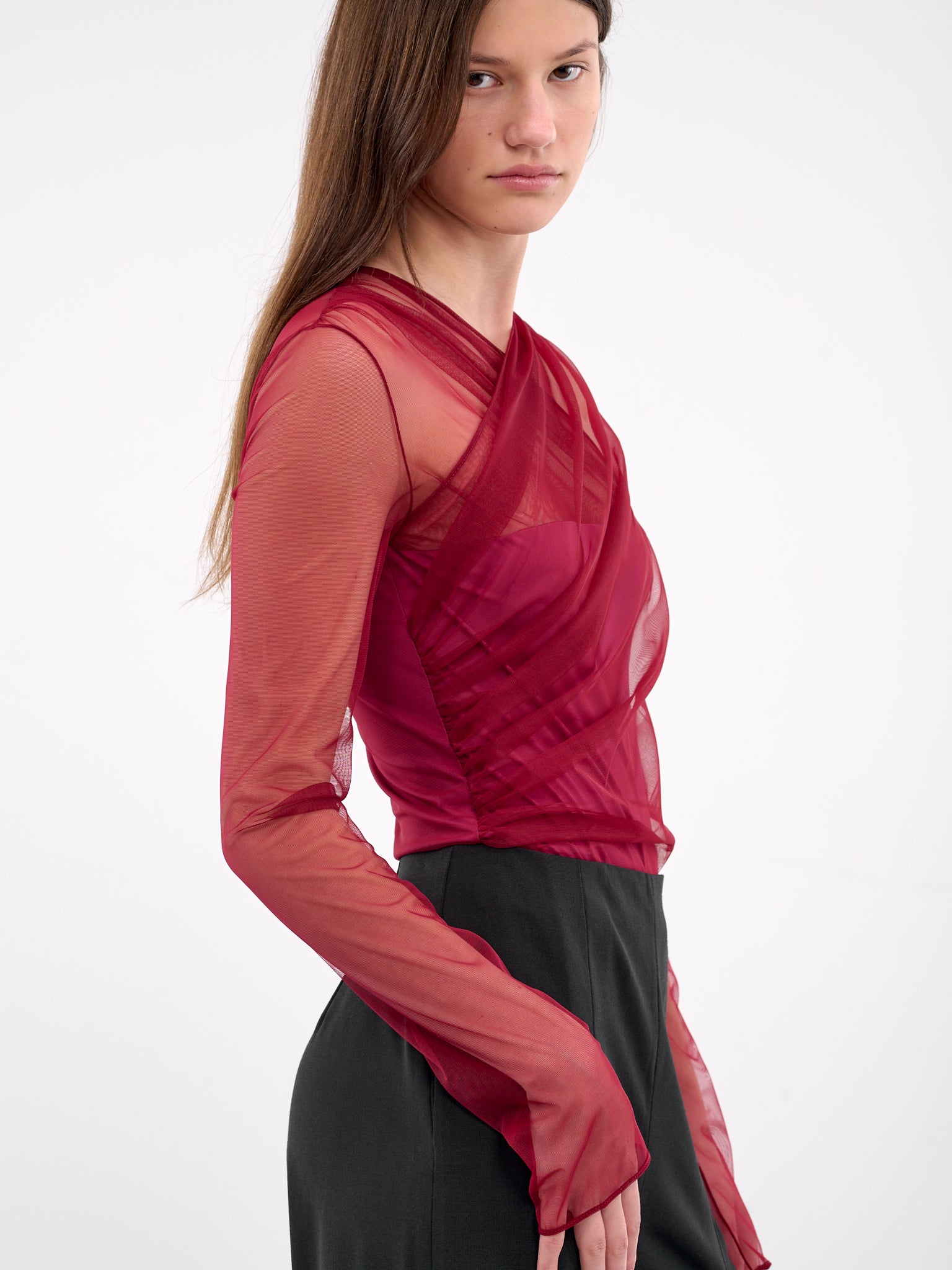 Sheer Gathered Long Sleeve Top (TOP083-BURGUNDY-PEONIA)